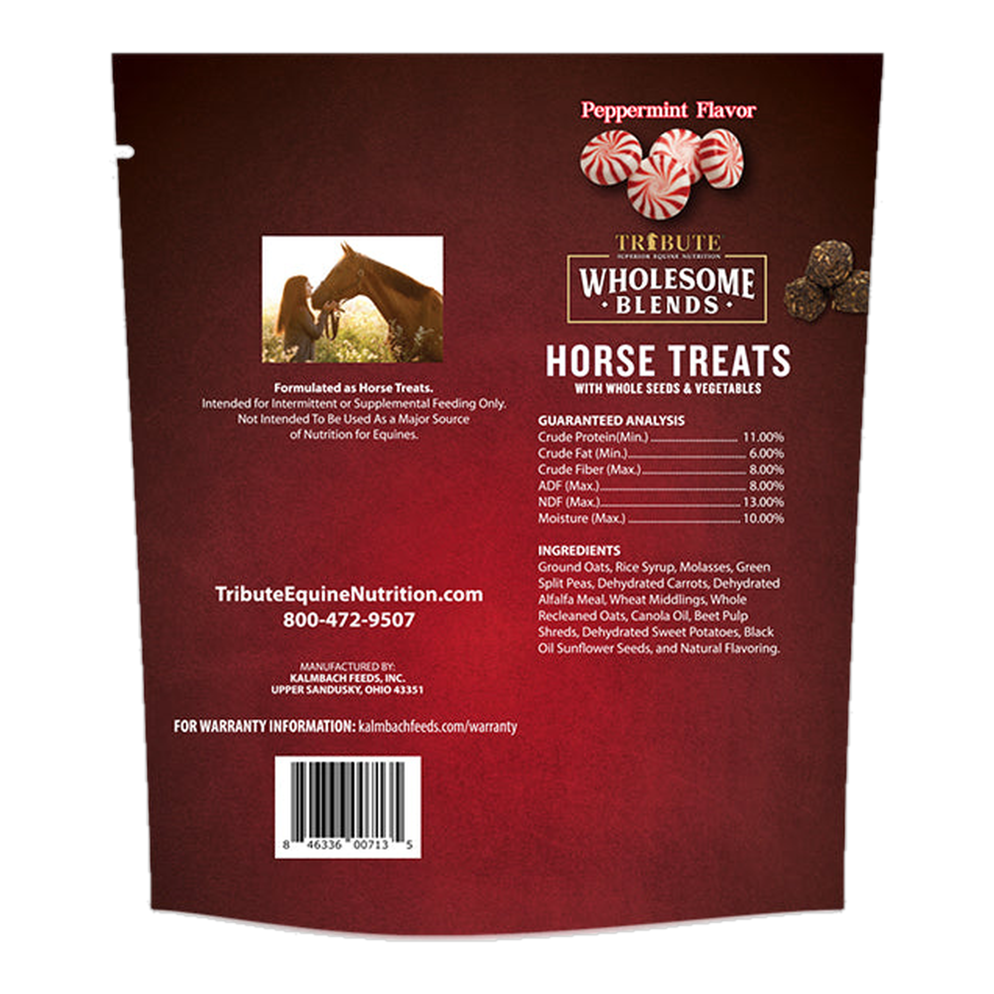 Tribute Peppermint Wholesome Blends Horse Treats bag back with guaranteed analysis and ingredients #1.5 lb