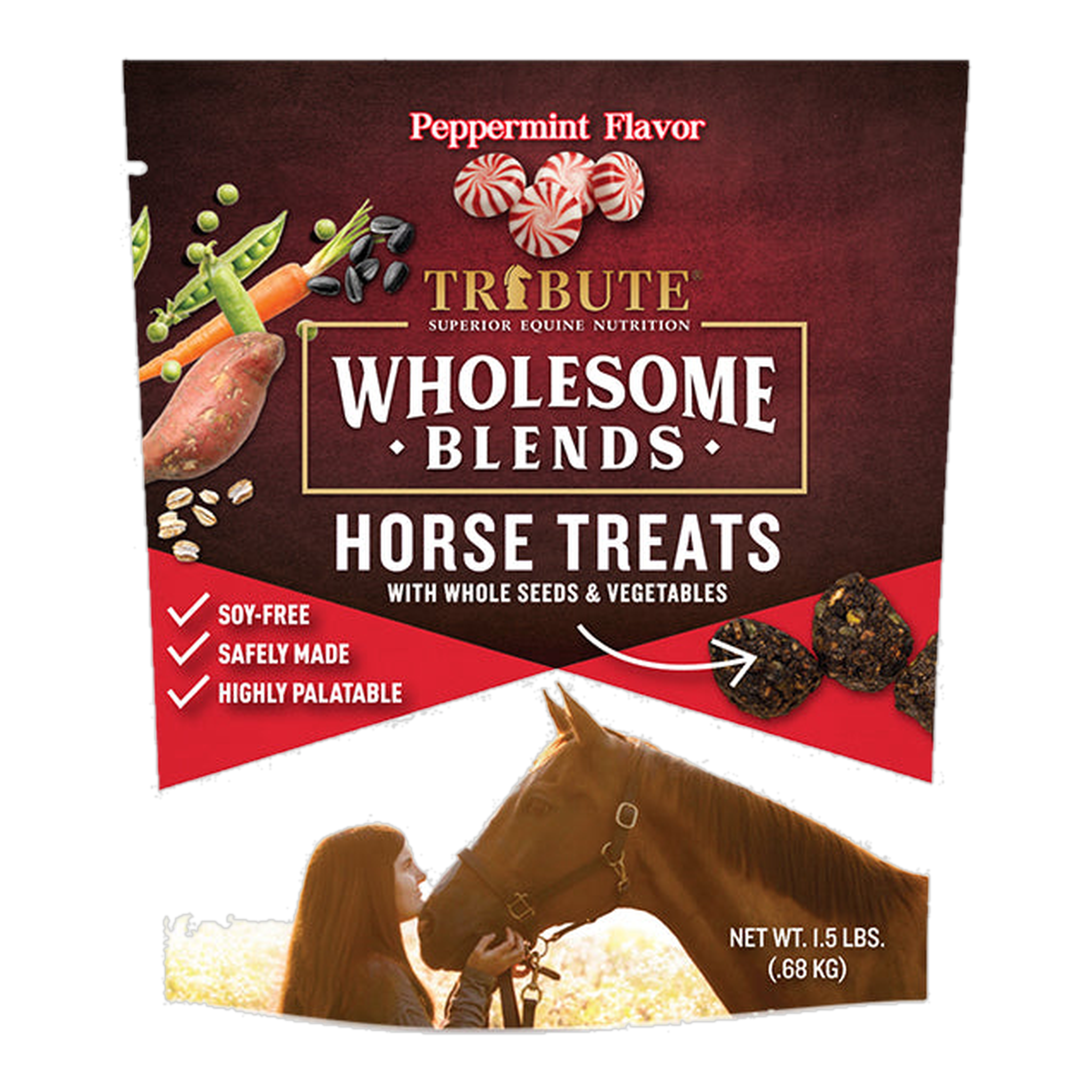 Tribute Peppermint Wholesome Blends Horse Treats 1.5 lb bag front #1.5 lb