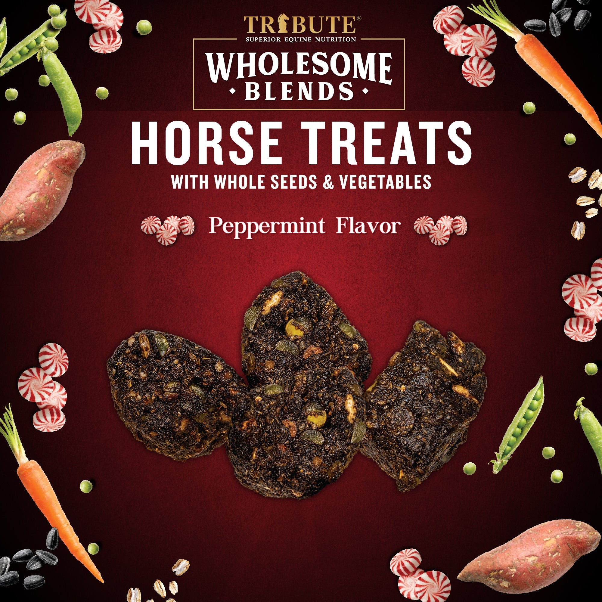 Close-up of Tribute Peppermint Wholesome Blends Horse Treats showing whole seeds and vegetables