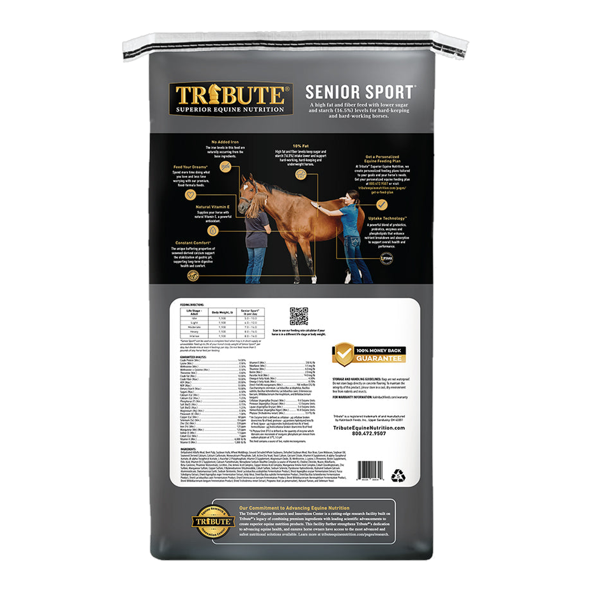 Tribute Senior Sport Horse Feed 50 lb bag, back with feeding directions and guaranteed analysis #50 lb