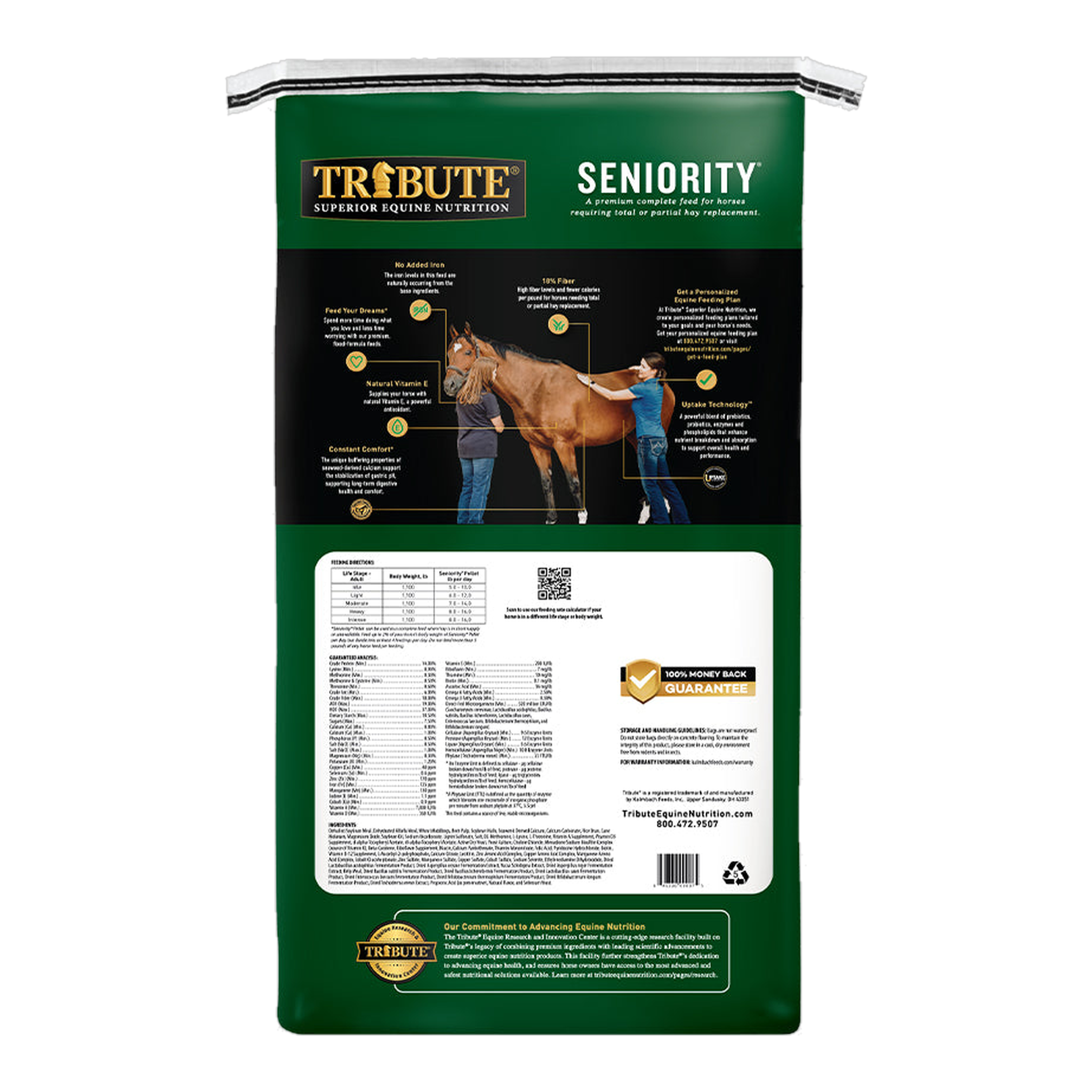 Tribute Seniority Pellet Horse Feed 50 lb bag, back with feeding directions and guaranteed analysis #50 lb