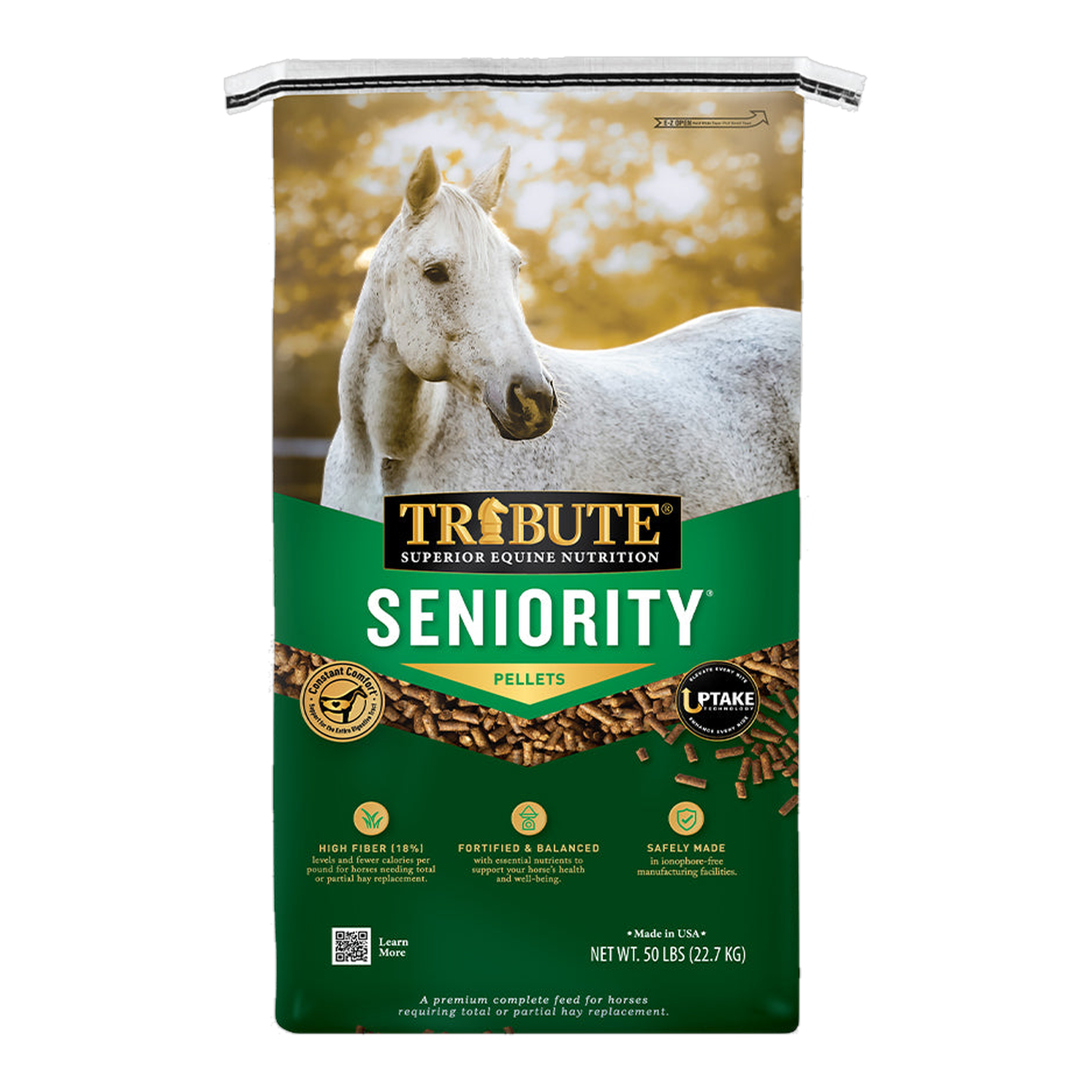 Tribute Seniority Pellet Horse Feed 50 lb bag, front #50 lb