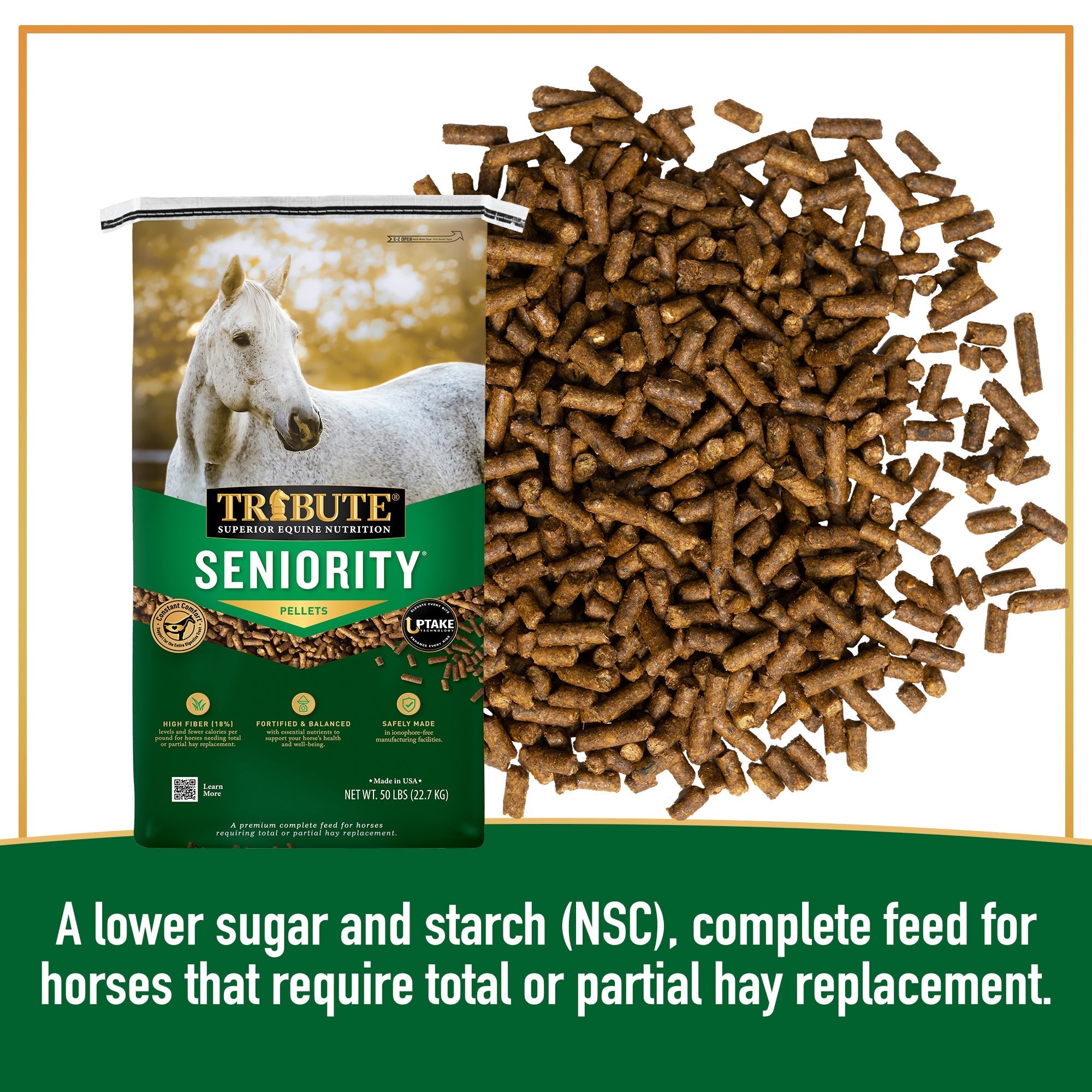 Tribute Seniority Pellet bag with pellets - a lower sugar and starch complete feed for hay replacement