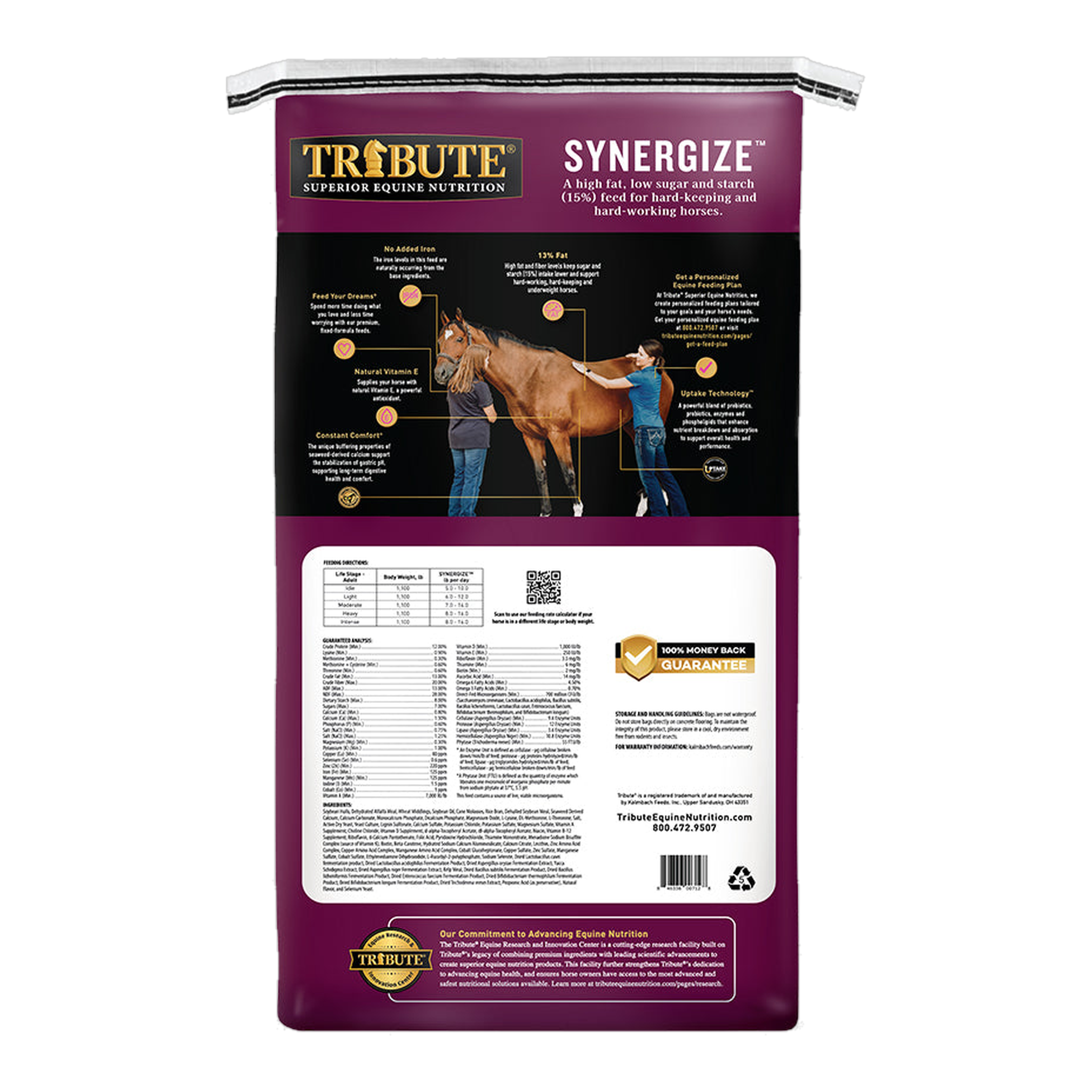 Tribute Synergize Horse Feed back of bag with guaranteed analysis and feeding directions #50 lb