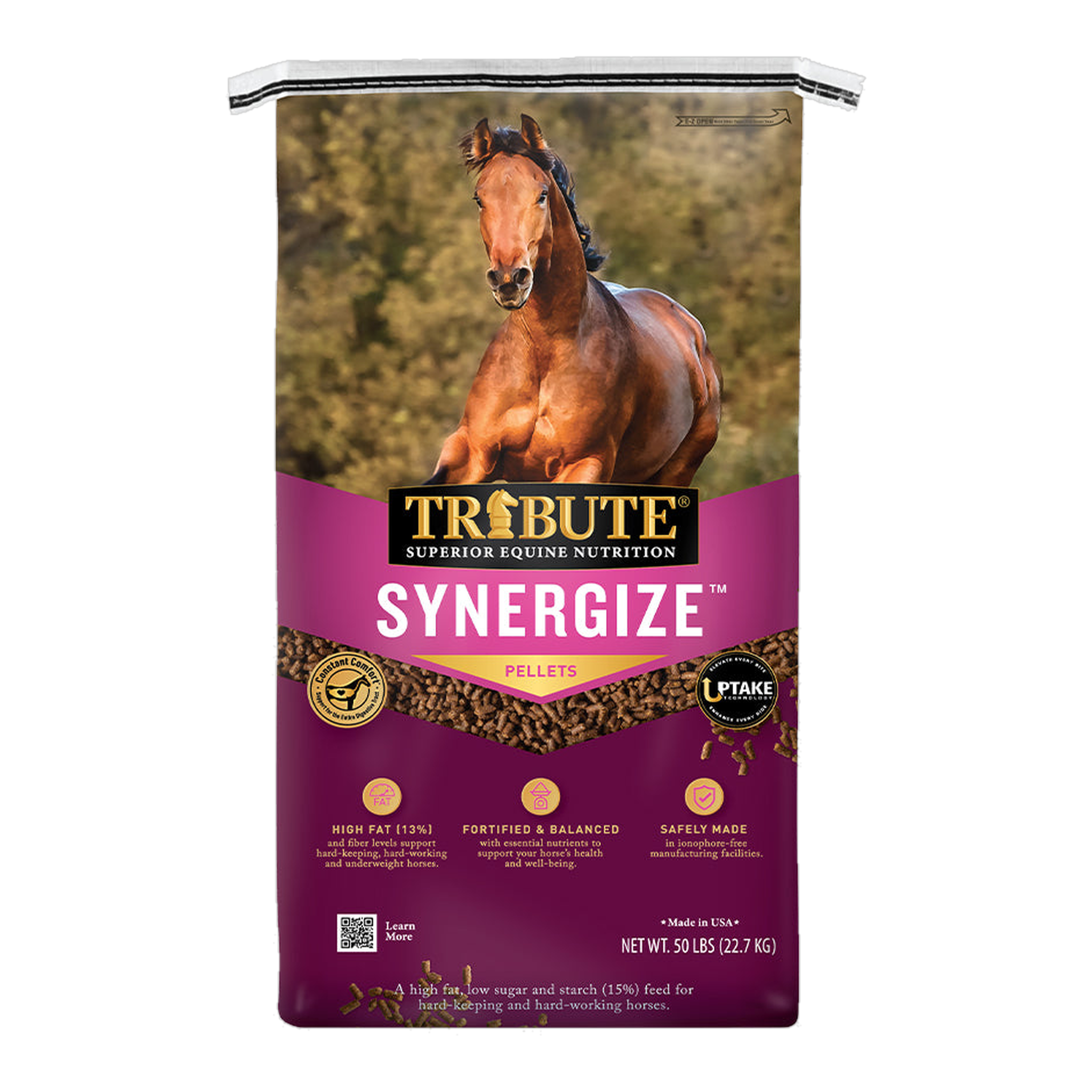 Tribute Synergize Horse Feed low NSC pelleted feed, front of 50 lb bag #50 lb