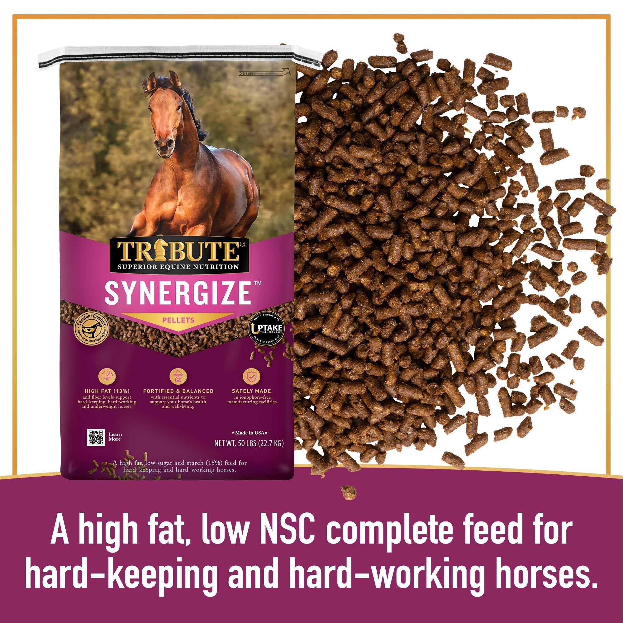 Tribute Synergize pellets beside the bag, a high fat low NSC feed for hard-keeping and hard-working horses