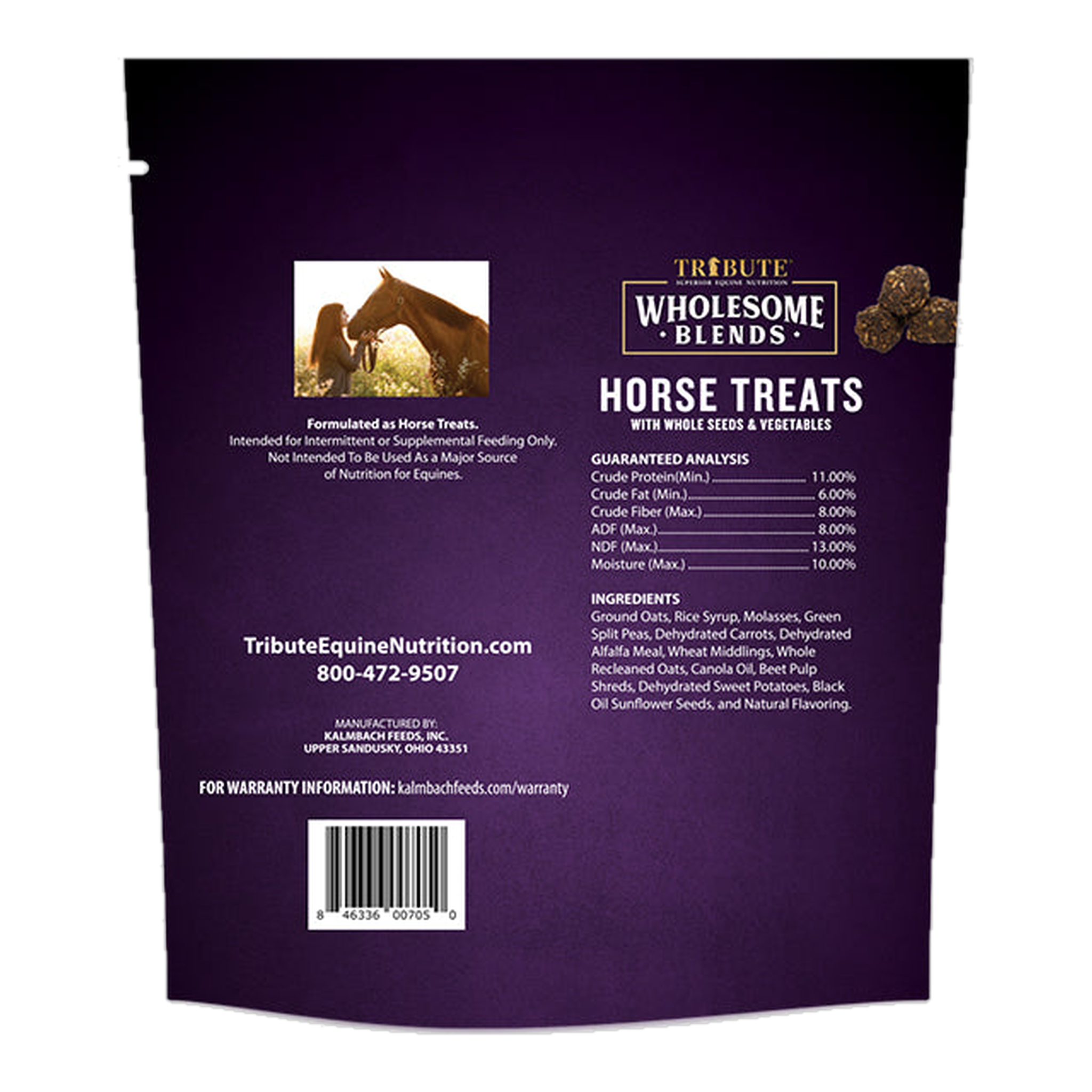 Tribute Wholesome Blends Horse Treats bag back with guaranteed analysis and ingredients #1.5 lb