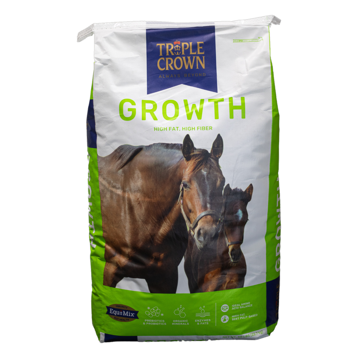 Triple Crown Growth textured horse feed 50 lb bag, front of bag #50 LB