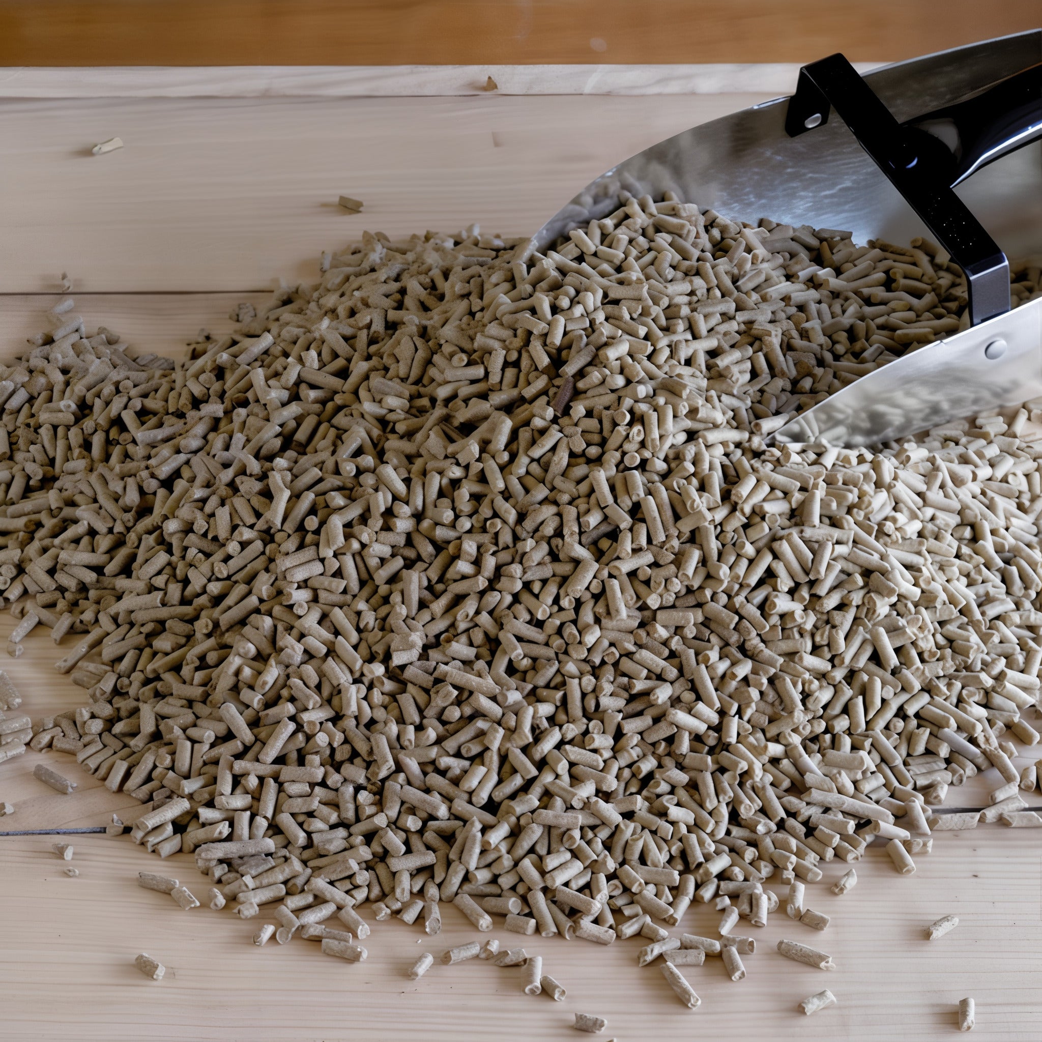 Close-up of Triple Crown Lite pellets with a feed scoop