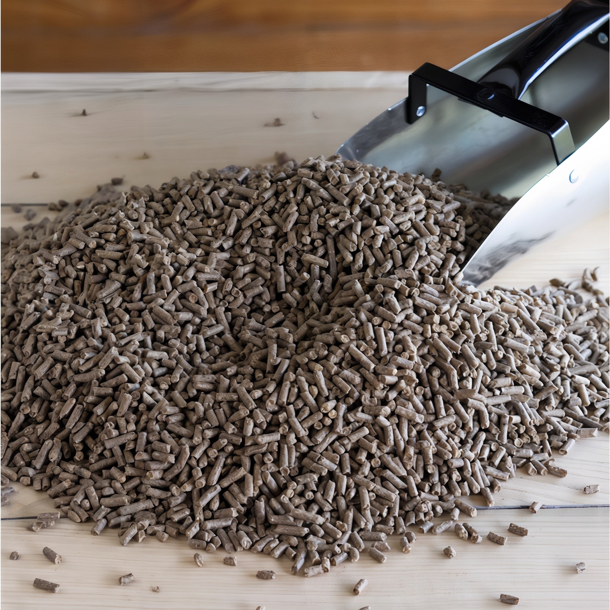 Close-up of Triple Crown Low Starch horse feed pellets with a feed scoop