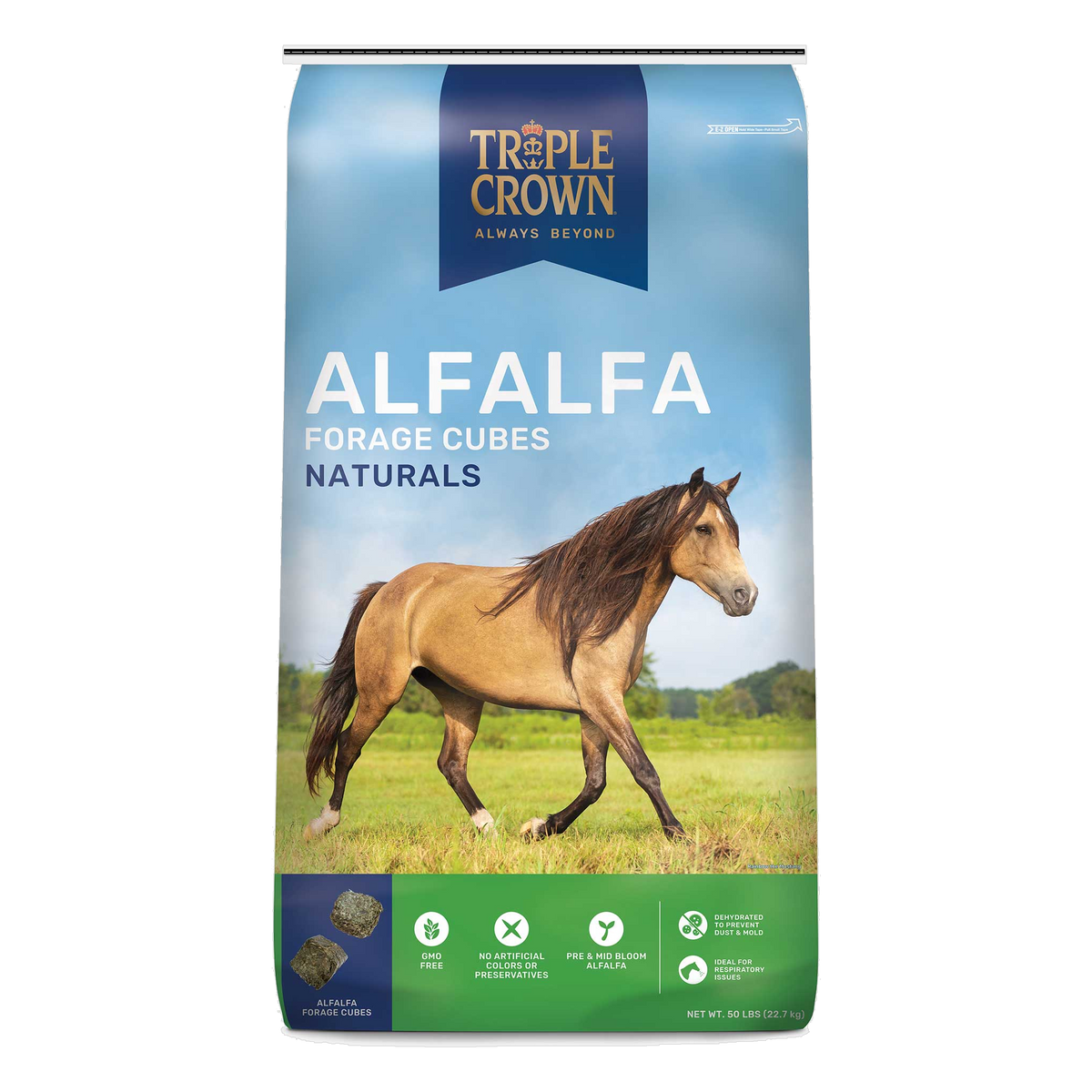 Triple Crown Naturals Alfalfa Forage Cubes 50 lb bag, front of bag #50 LB