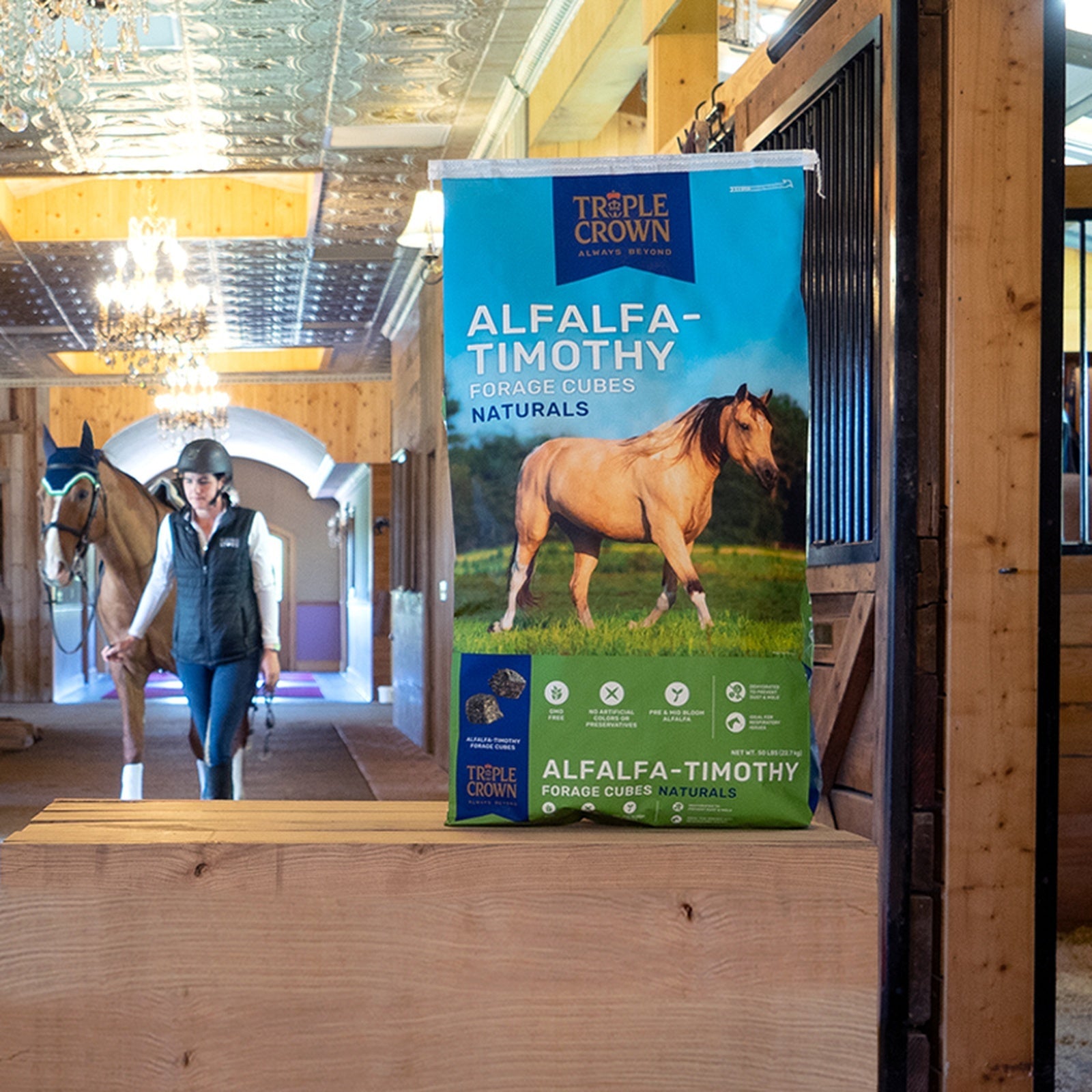 Triple Crown Naturals Alfalfa-Timothy Forage Cubes bag in a barn aisle as a handler leads a horse