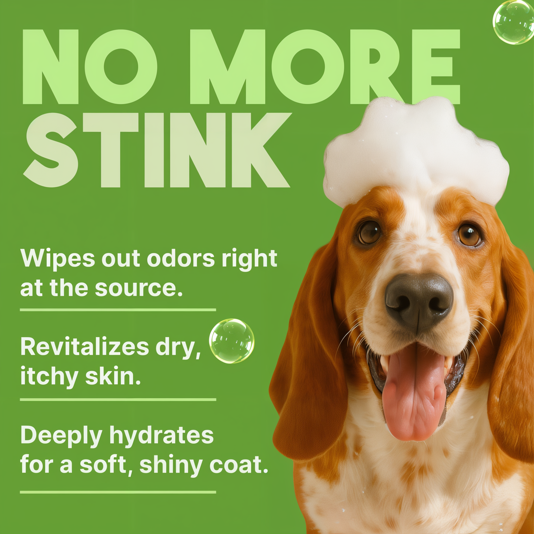Brown and white dog with soapy foam on head against green background with product benefits text.