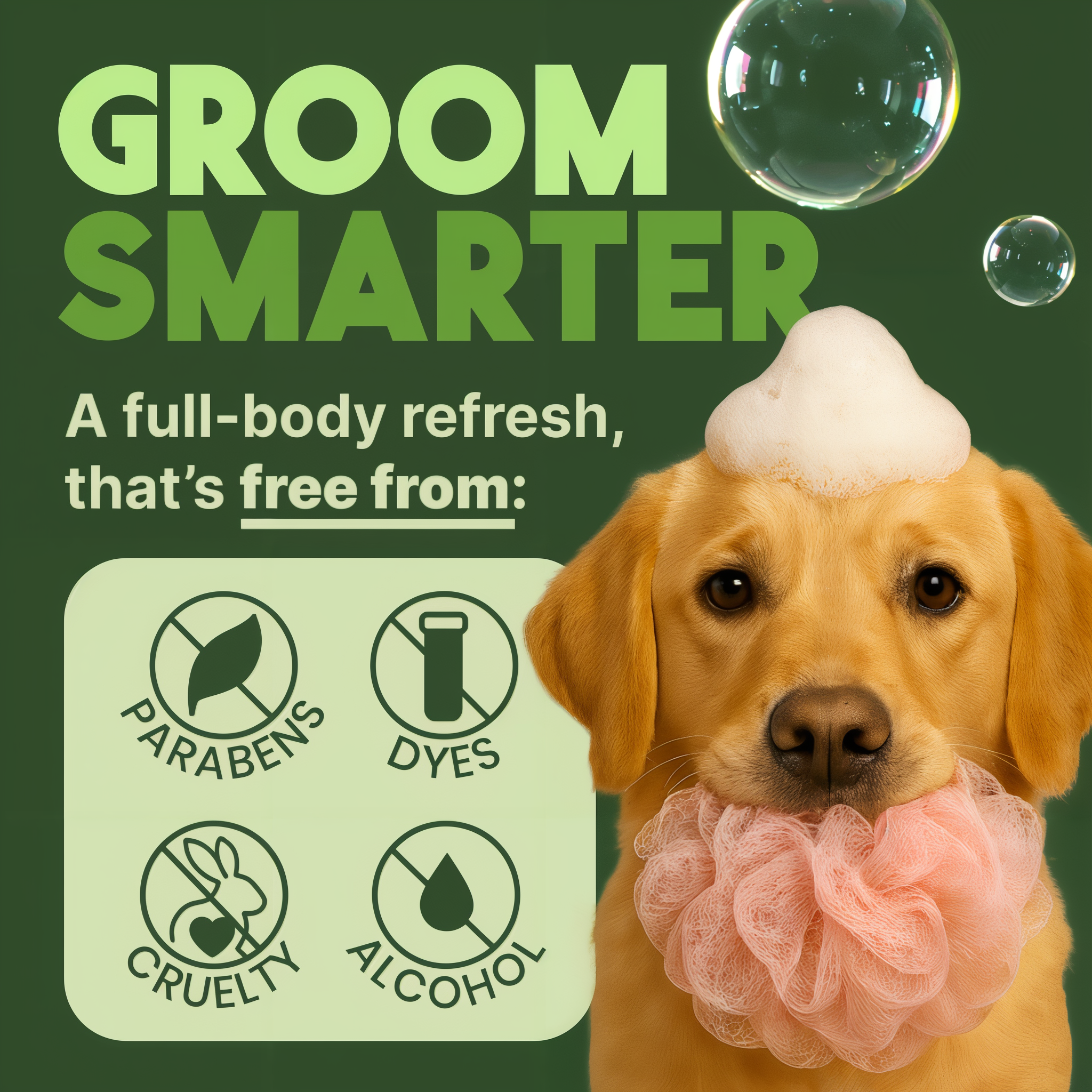 Large bottle of TropiClean pet shampoo with green label displayed next to golden retriever with soapy foam on head and pink l