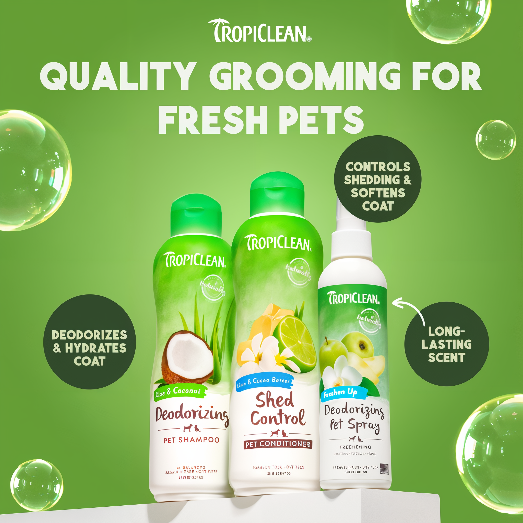 Tropiclean pet care products on a green background with product names and benefits displayed.