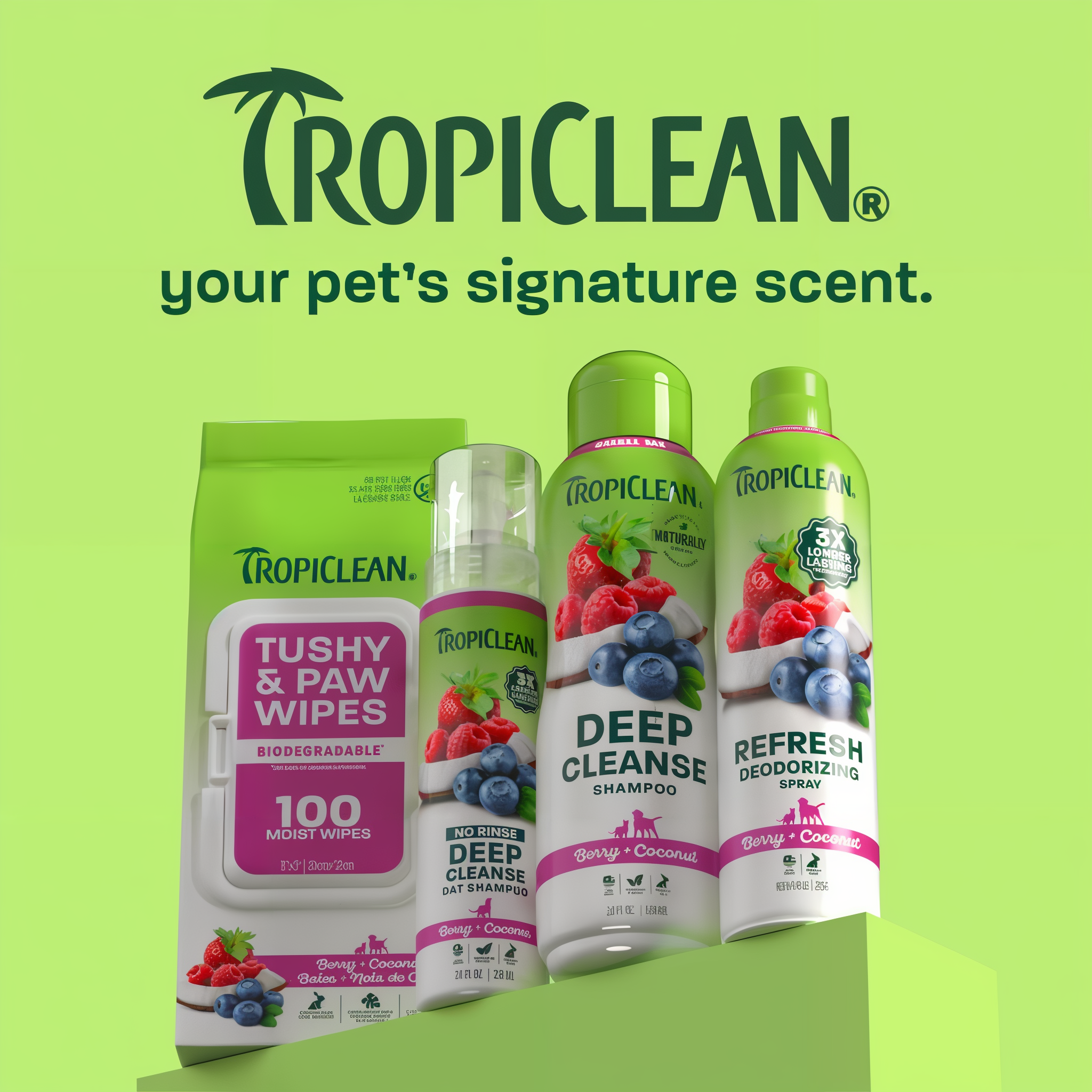 TropiClean berry line up on light green background.
