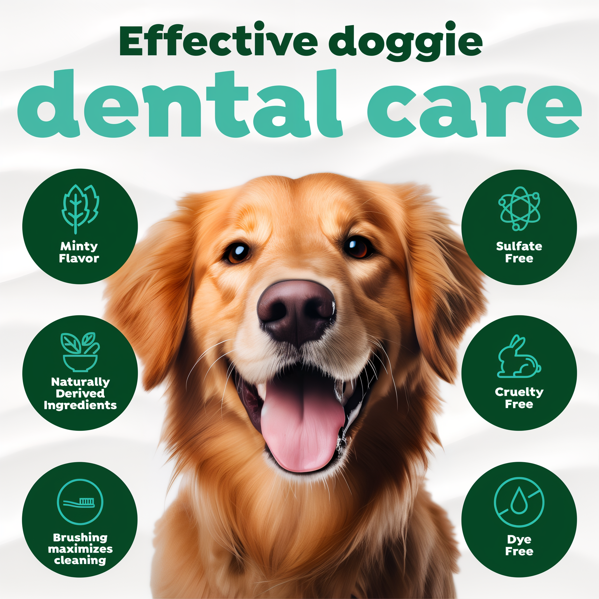 Effective doggie dental care with minty flavor, naturally derived ingredients, sulfate free, dye free, and cruelty free