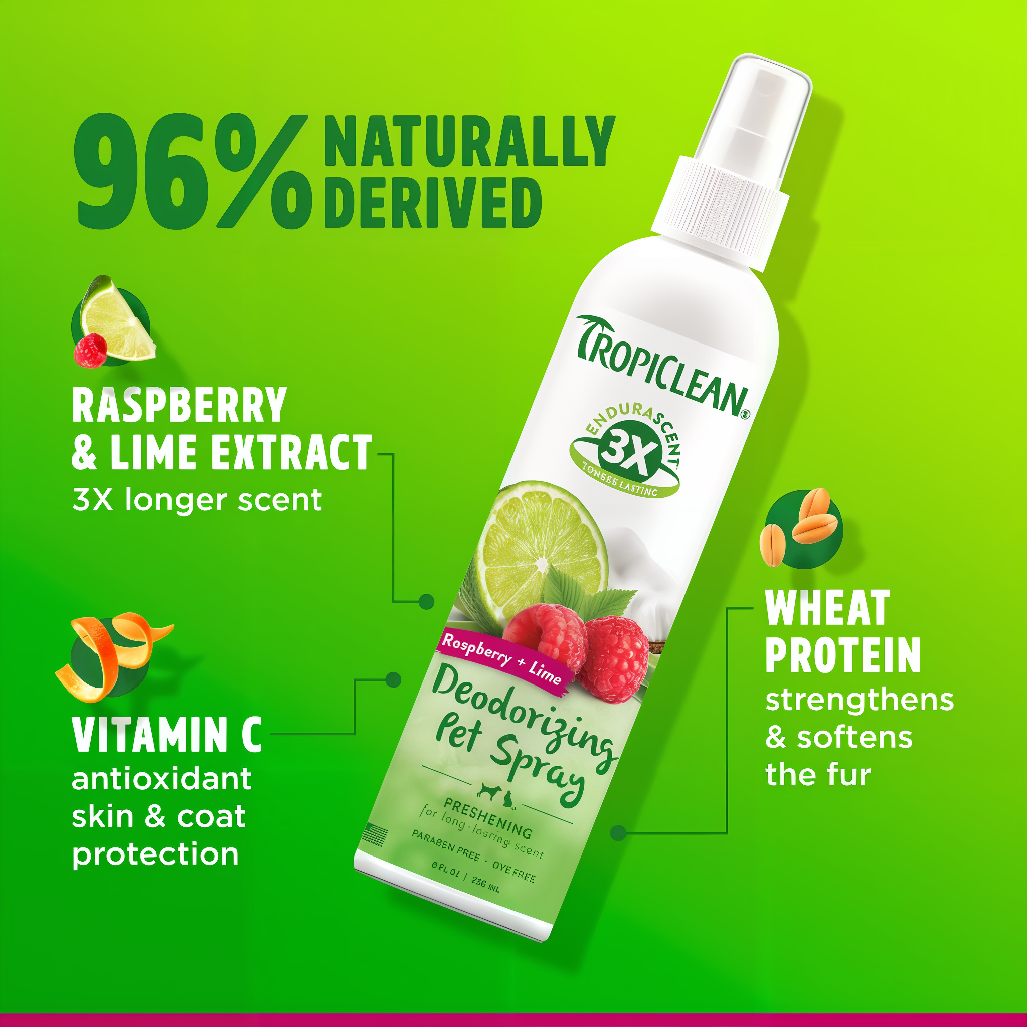 96 percent naturally derived with raspberry and lime extract, vitamin C and wheat protein