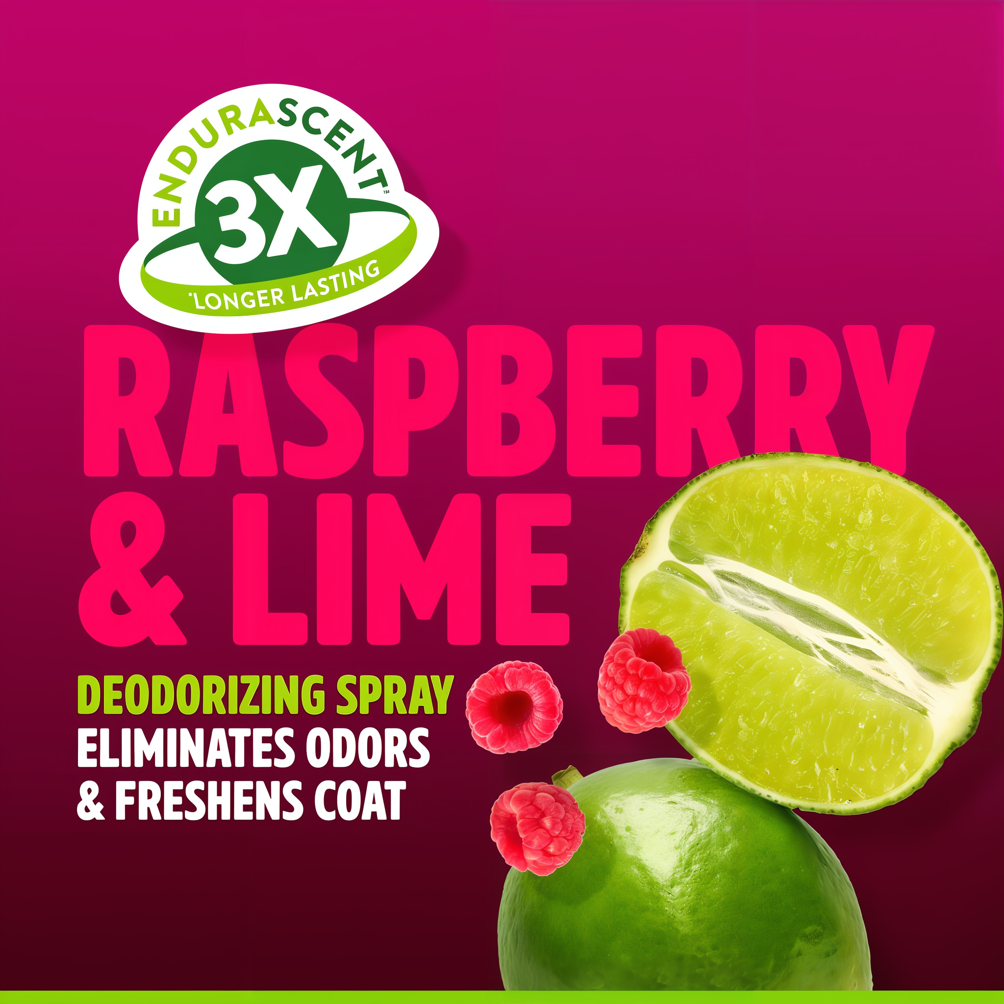 Raspberry and Lime deodorizing spray eliminates odors and freshens coat