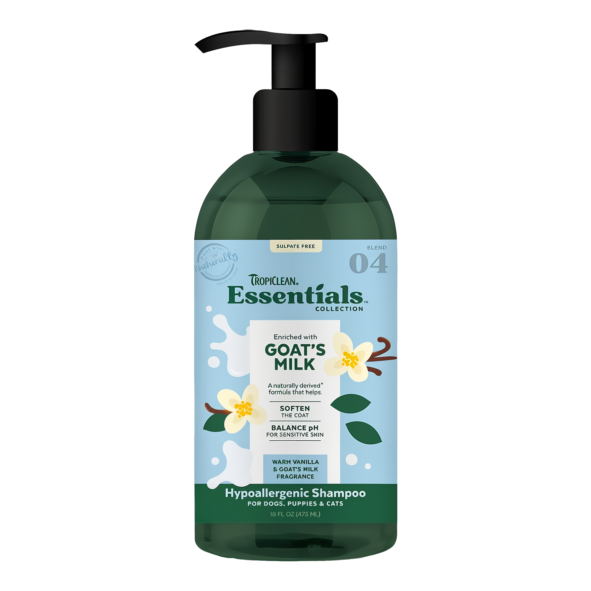 TropiClean Essentials Goat's Milk Hypoallergenic Shampoo 16 oz pump bottle