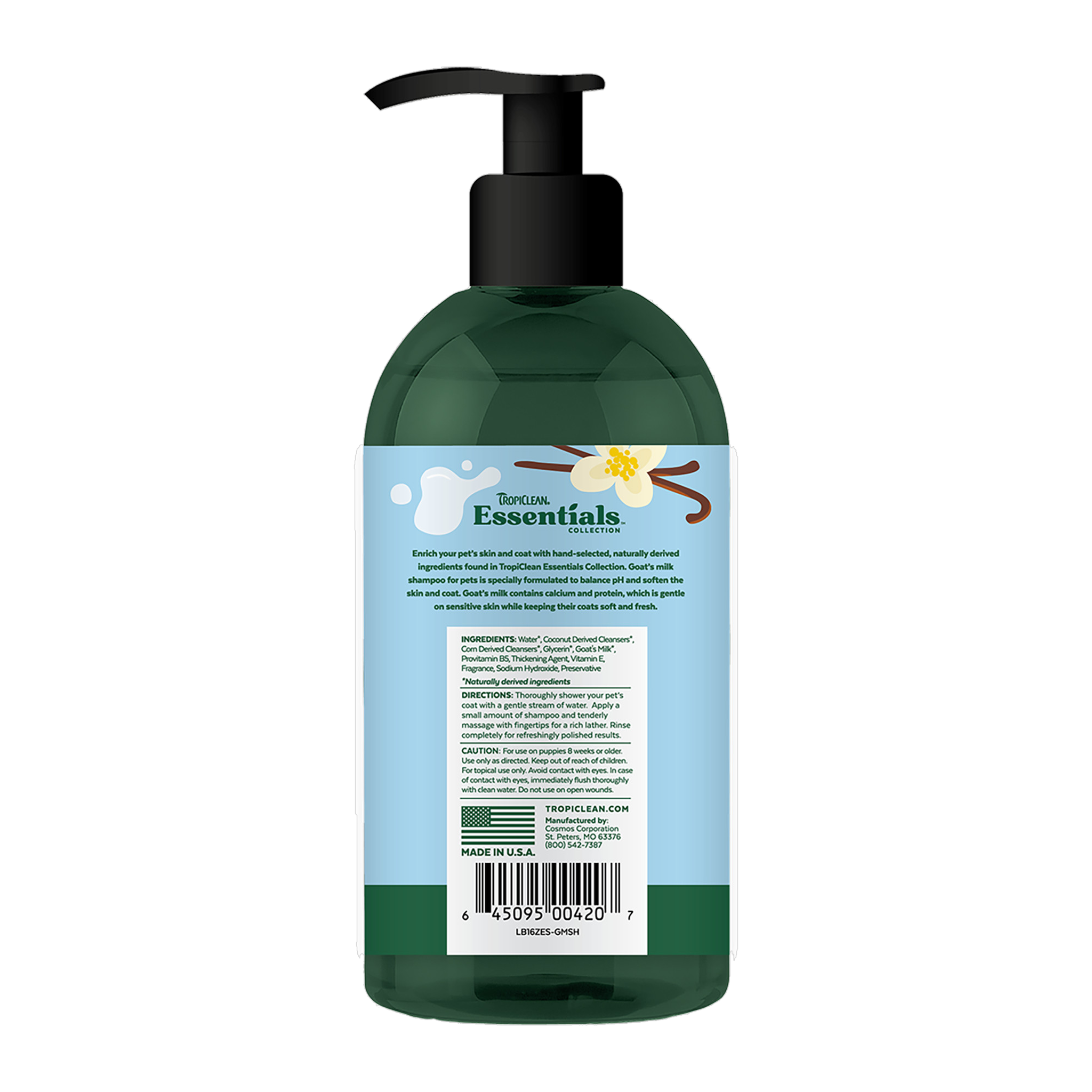 TropiClean Essentials Goat's Milk Shampoo back label with ingredients and directions