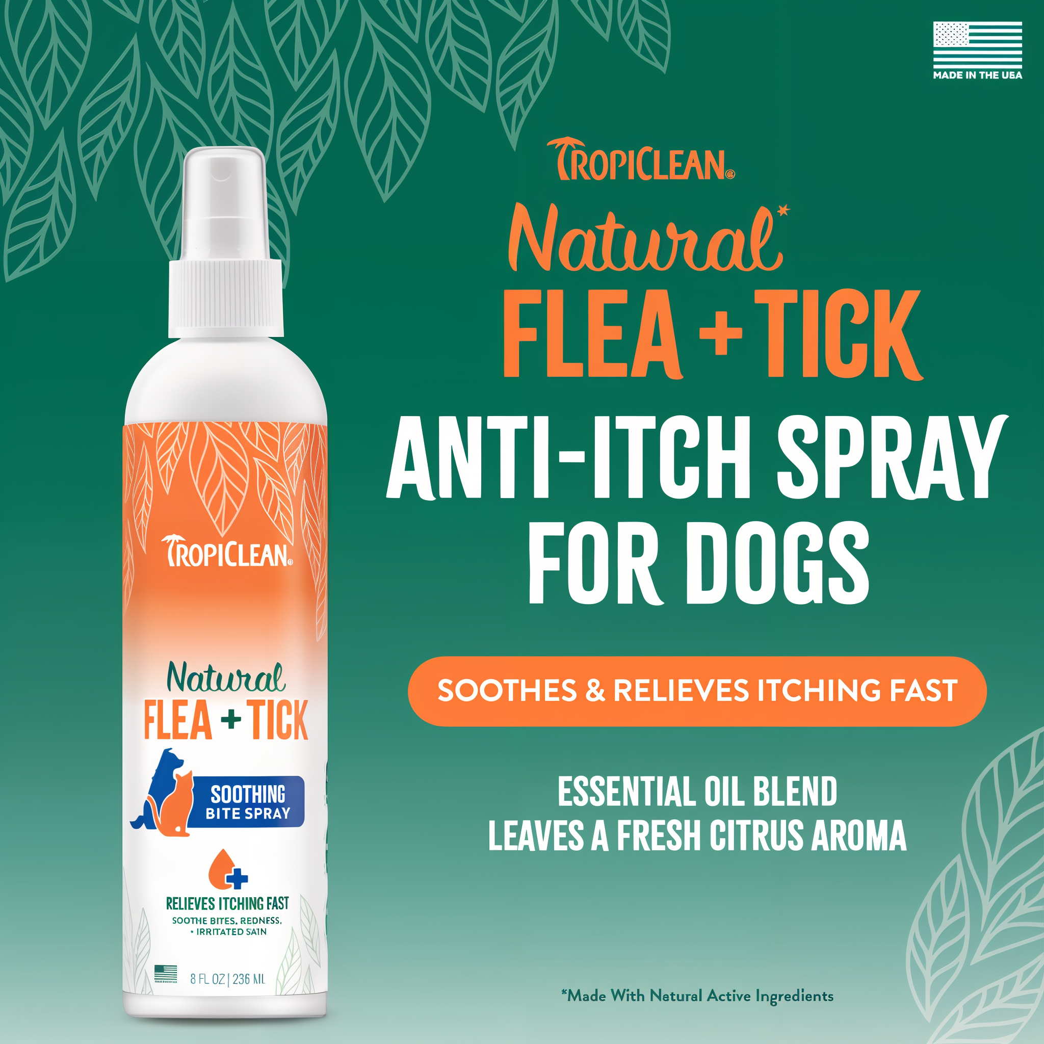 TropiClean Natural Flea + Tick Bite Relief Spray for Pets on a green background with product details.