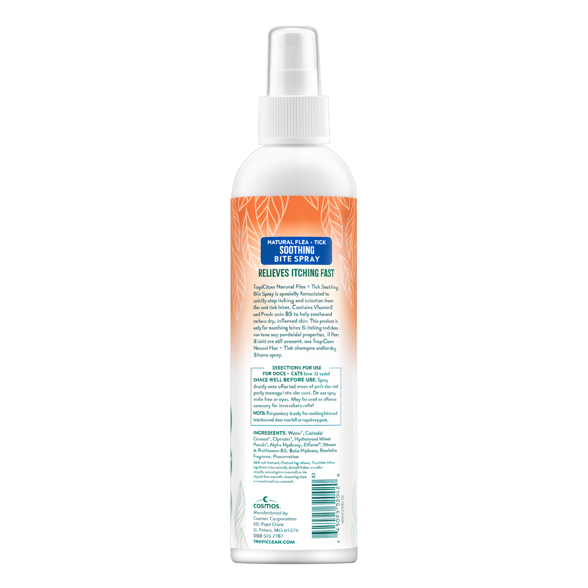 TropiClean Natural Flea + Tick Bite Relief Spray for Pets, back image of spray bottle