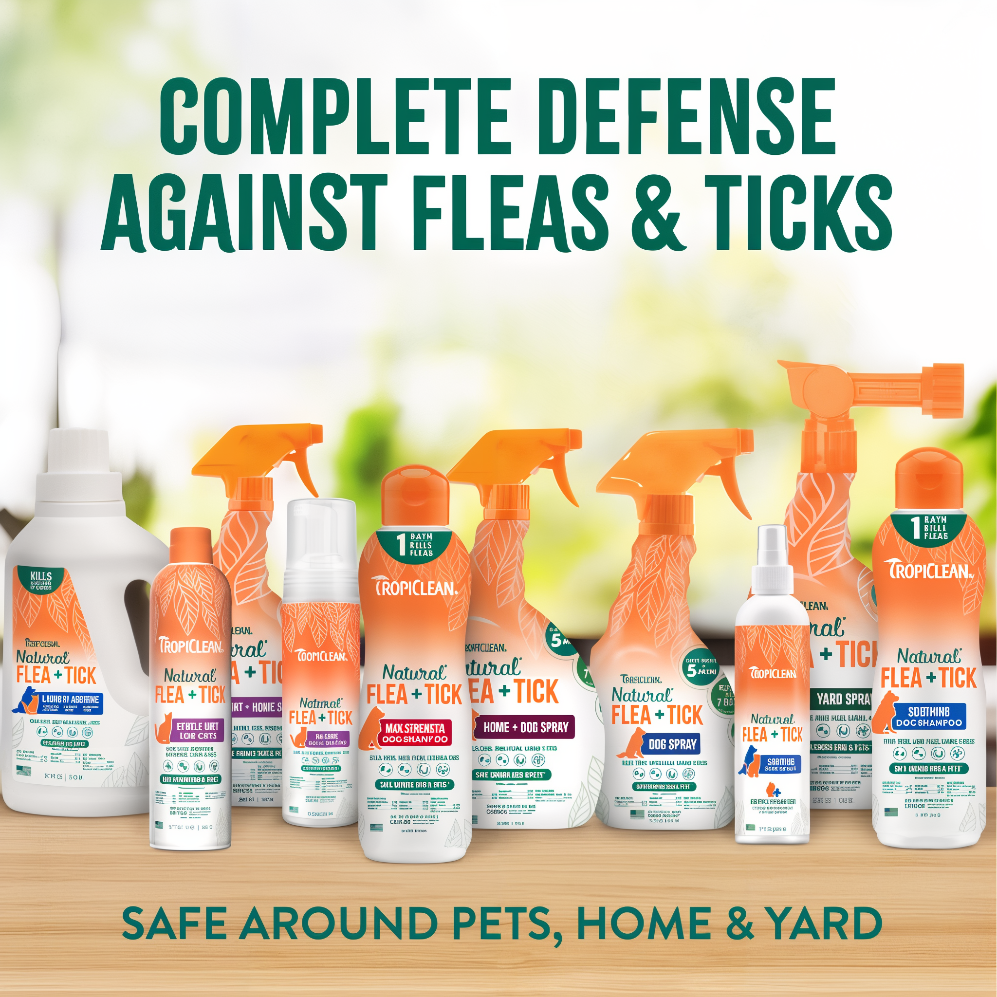 Collection of Tropiclean flea and tick treatment products on a wooden surface.