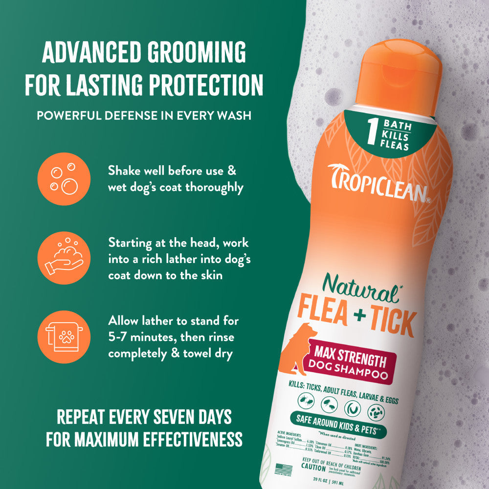 Directions: lather into wet coat, let stand 5 to 7 minutes, rinse, repeat every seven days