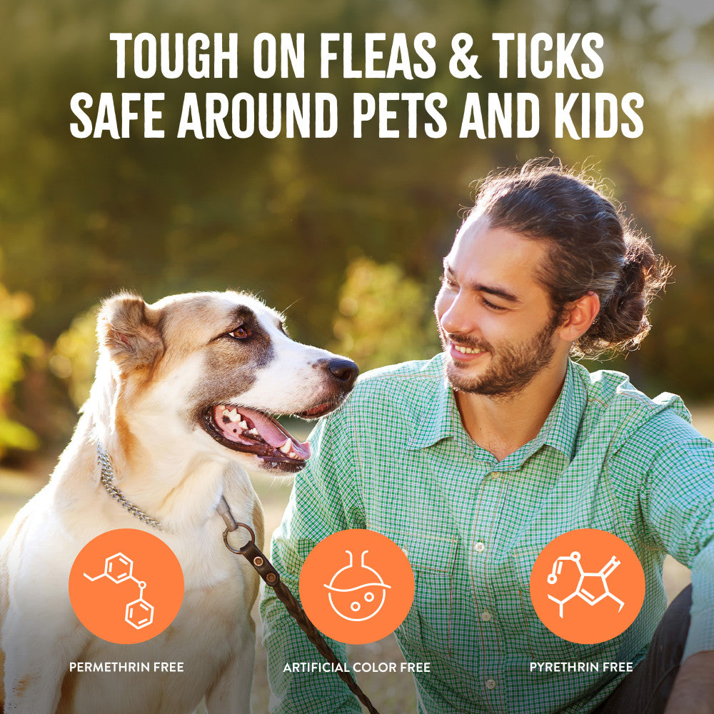 Tough on fleas and ticks, safe around pets and kids: permethrin free, artificial color free, pyrethrin free