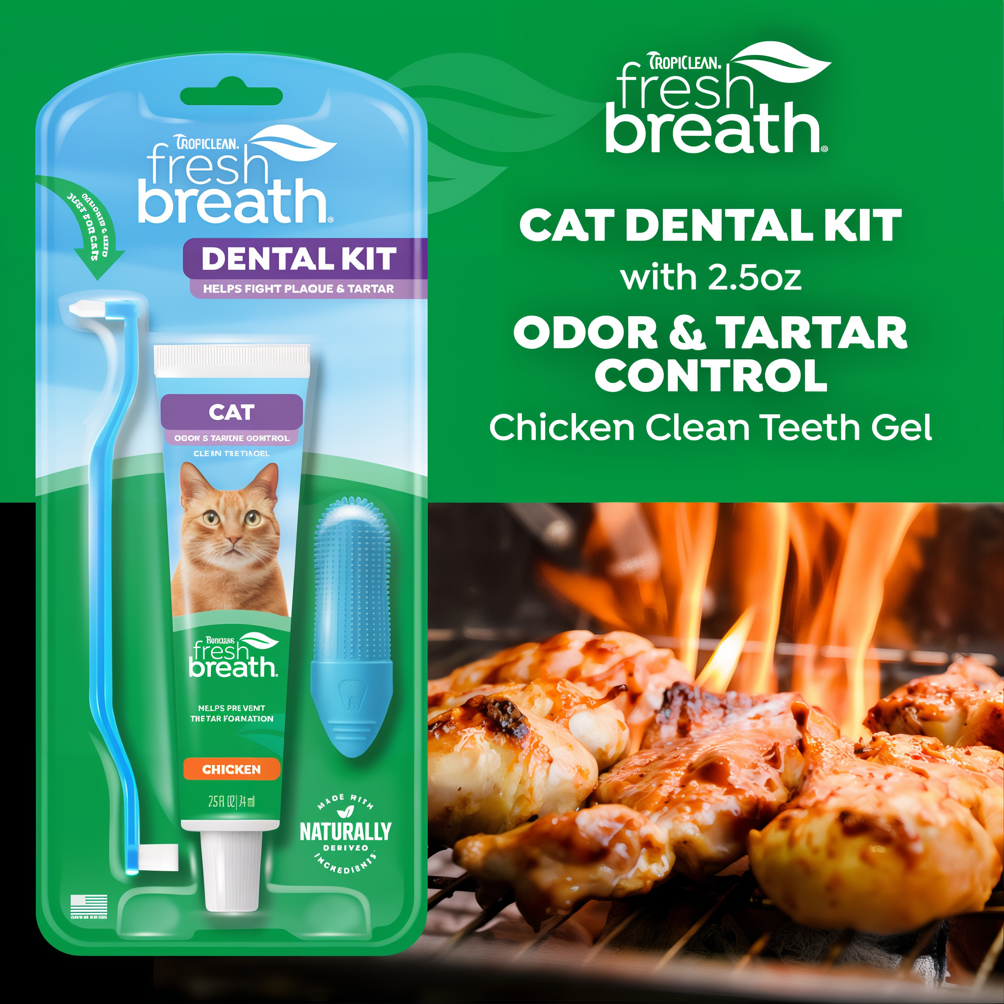 TropiClean cat dental kit packaging with chicken flavor theme