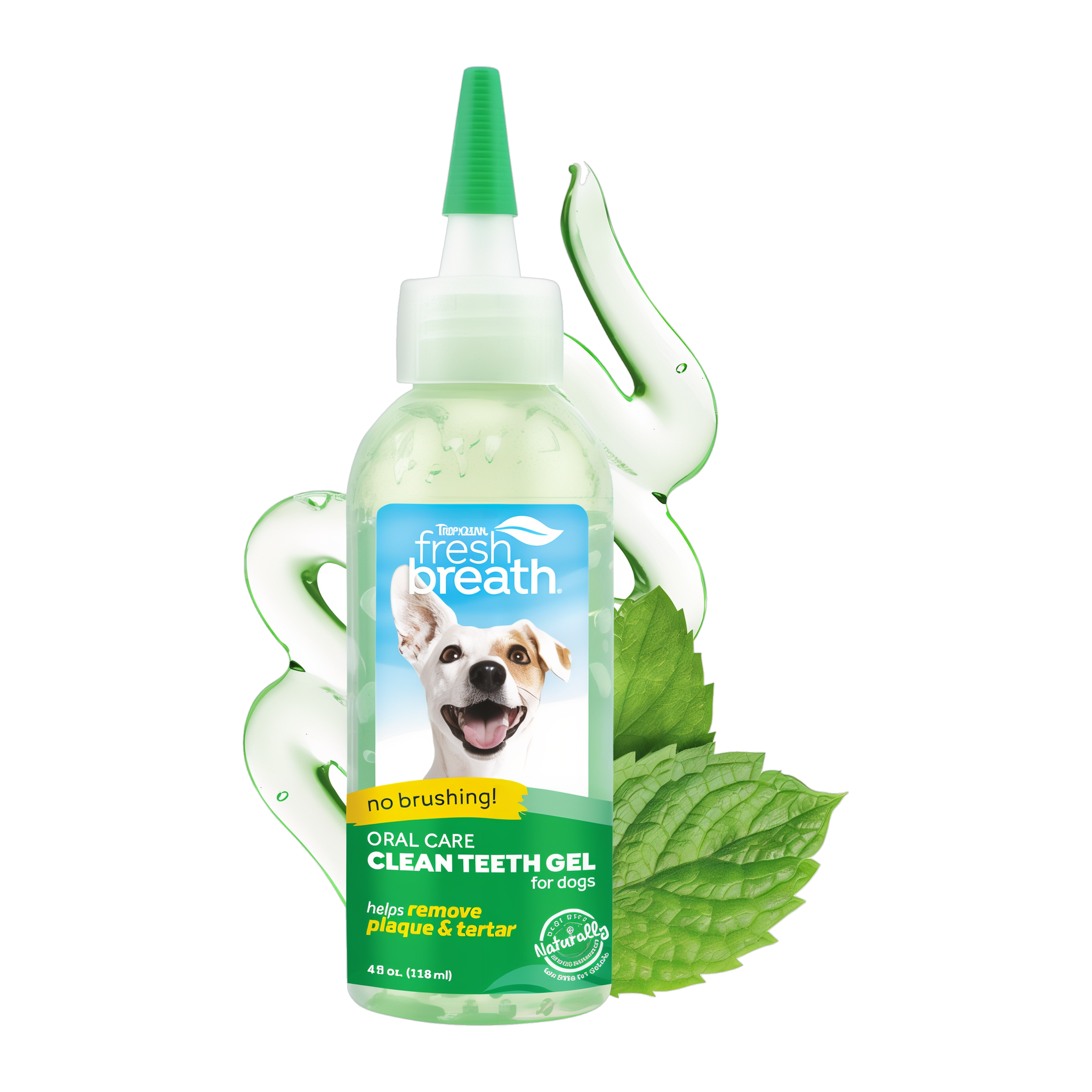 TropiClean Fresh Breath No Brushing Clean Teeth Dental & Oral Care Gel for Dogs, 4oz bottle front.