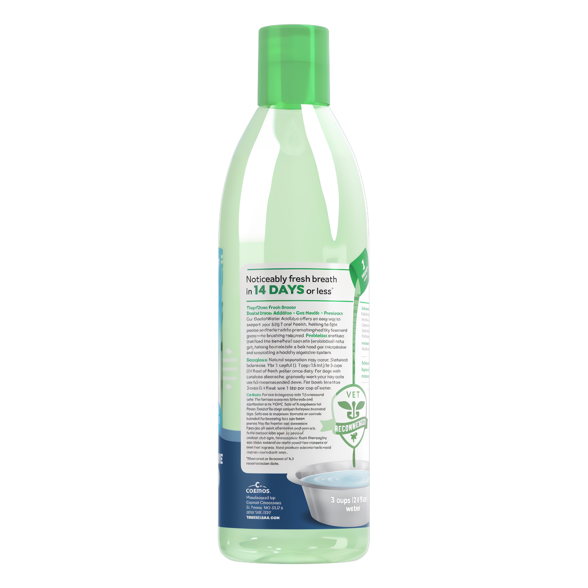 TropiClean Fresh Breath Dental Water Additive Plus Gut Health for Dogs, back image of bottle