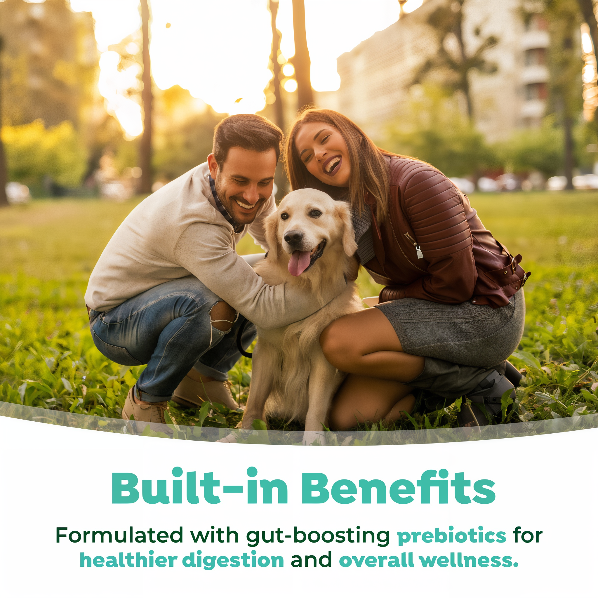 Man and woman with a dog in a park, promoting TropiClean Fresh Breath Dental Water Additive Plus Gut Health for Dogs