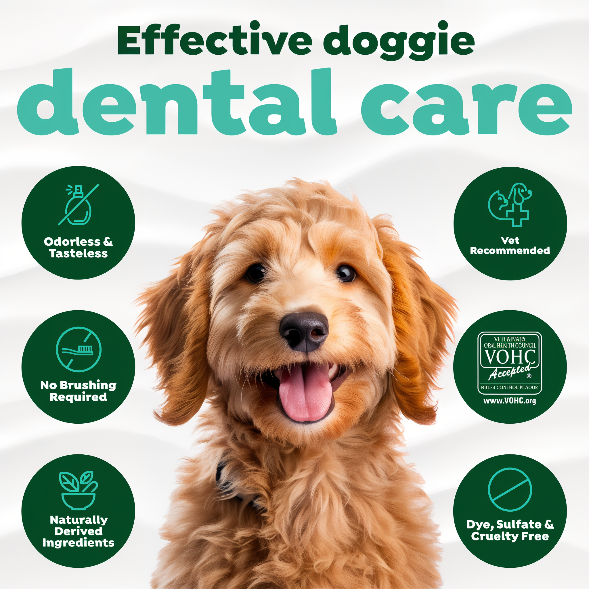 TropiClean Fresh Breath Pet Water Additive. Dog with dental care product features and benefits on a white background
