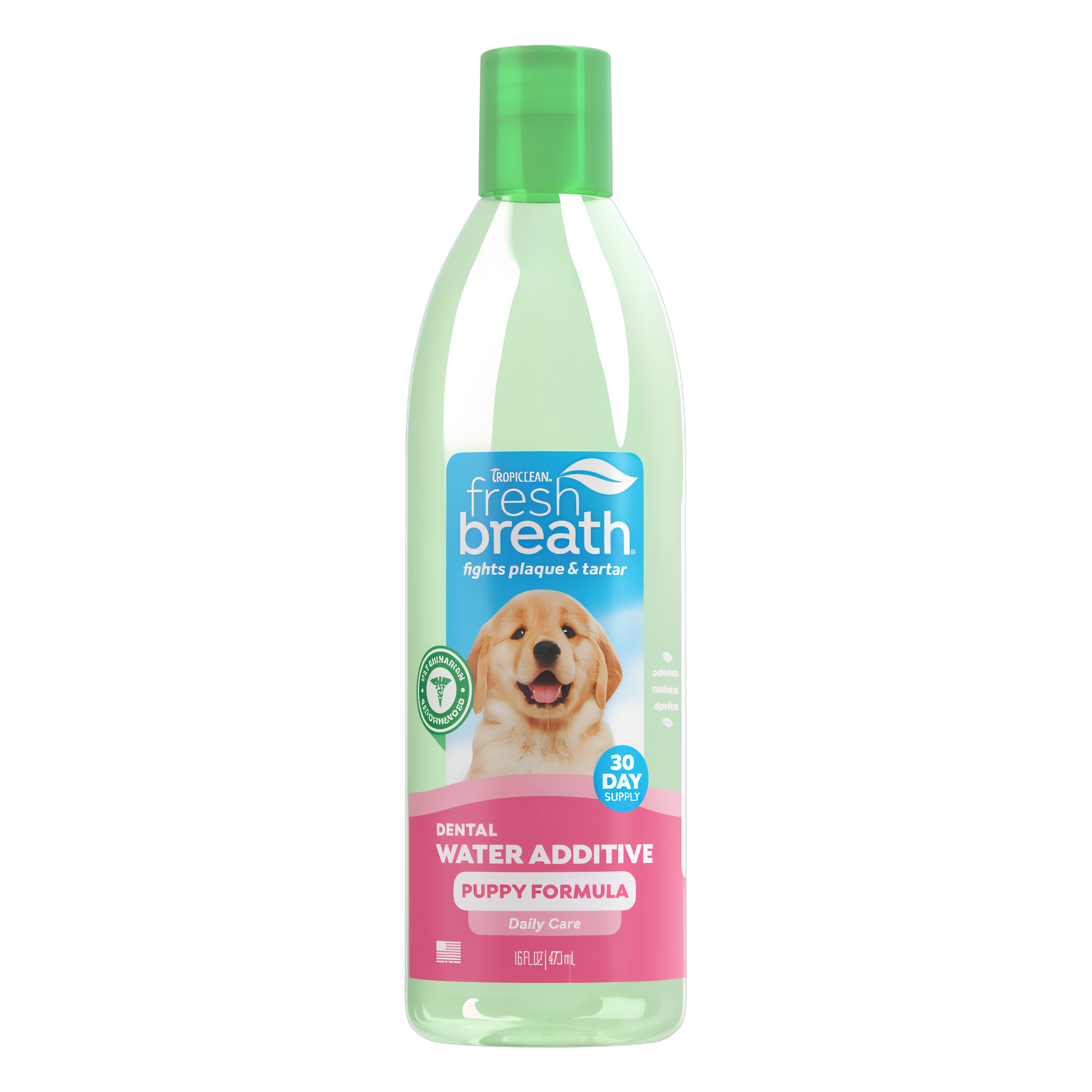 TropiClean Fresh Breath Oral Care Water Additive for Puppies, front view of 16oz bottle