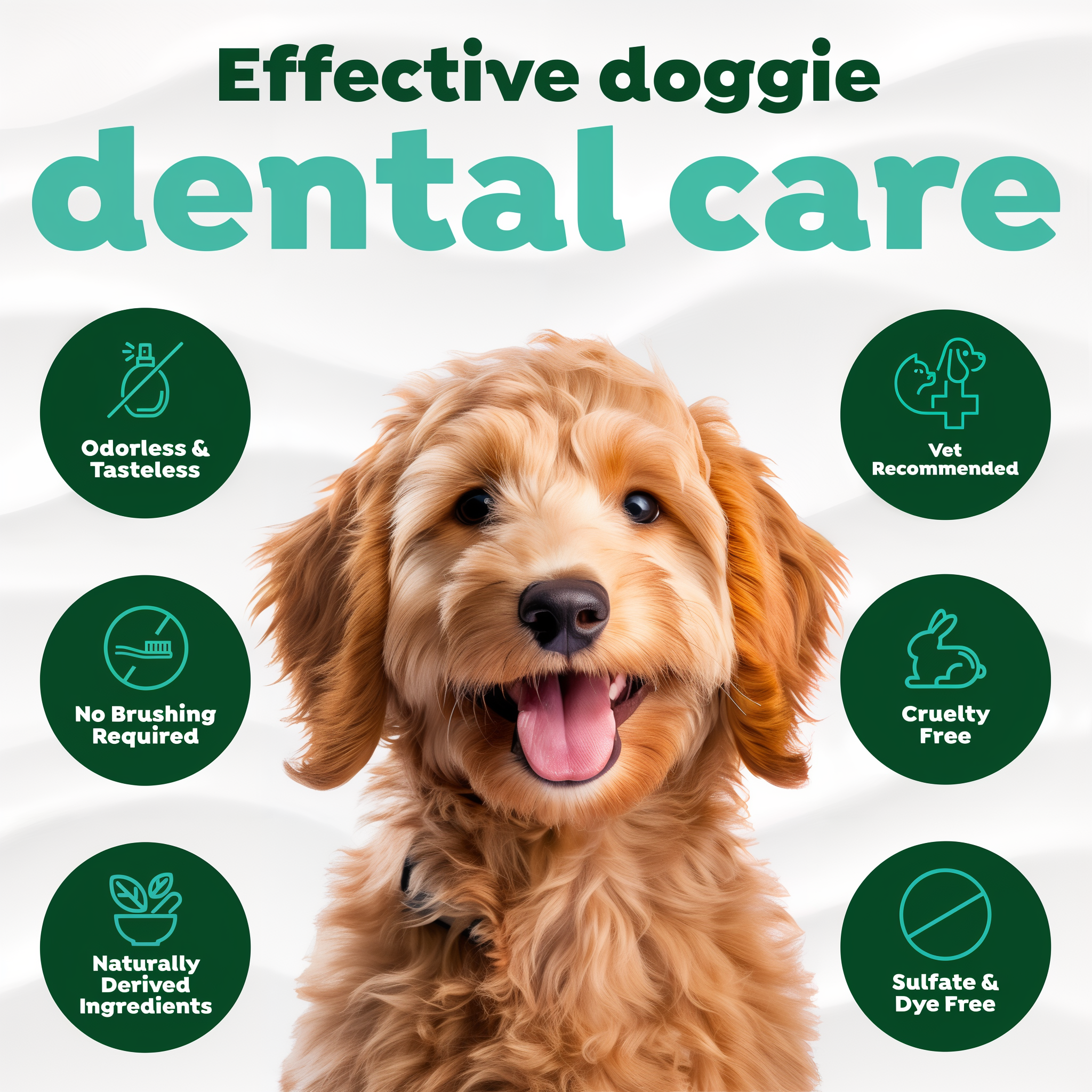 TropiClean Fresh Breath Oral Care Water Additive for Puppies, front view of 8oz bottle. Dog with 'Effective doggie dental care' text and icons.