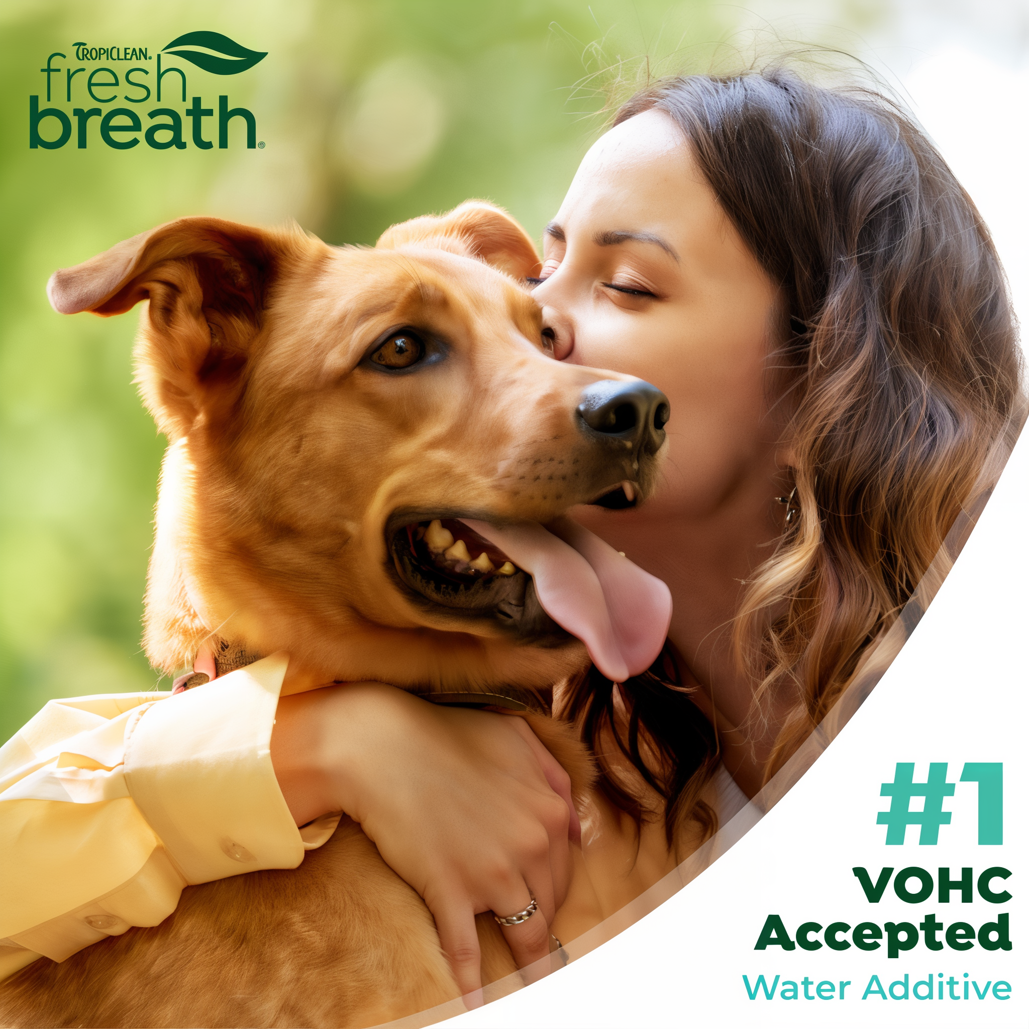 Woman hugging a dog with 'TropiClean Fresh Breath' branding and text about VOHC acceptance.