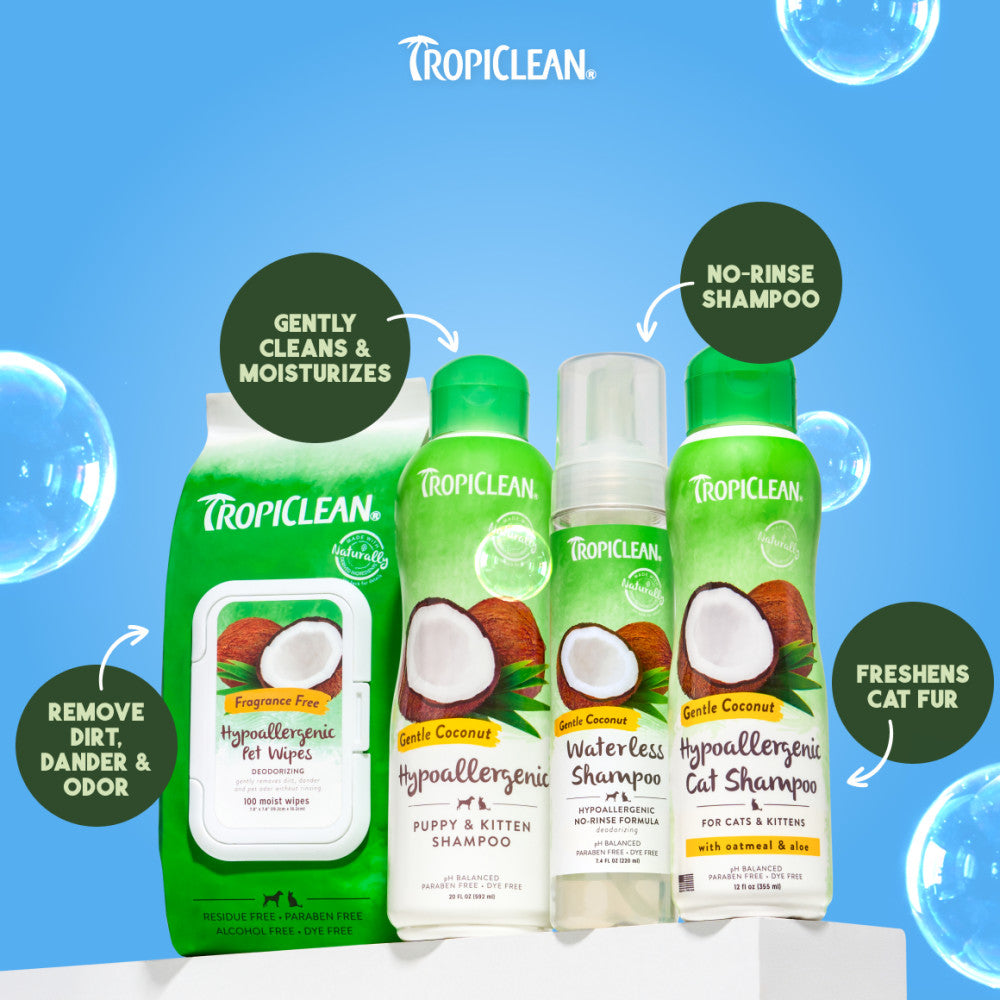 TropiClean Gentle Coconut grooming family including hypoallergenic cat shampoo, waterless shampoo, and pet wipes