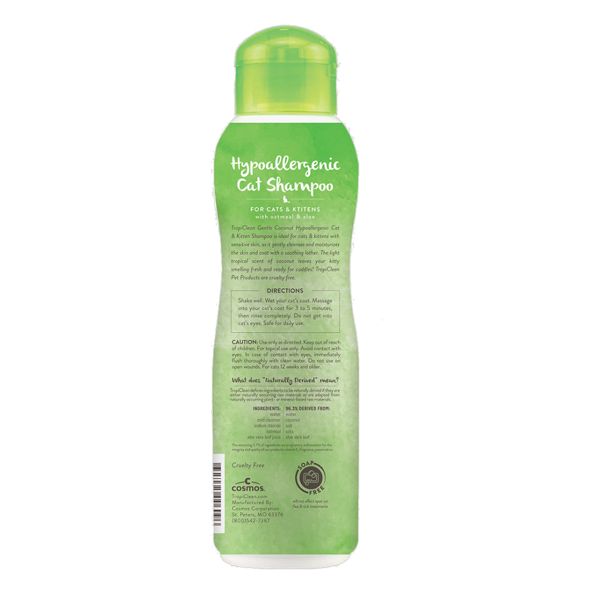 TropiClean Gentle Coconut Hypoallergenic Cat Shampoo back label with directions and ingredients