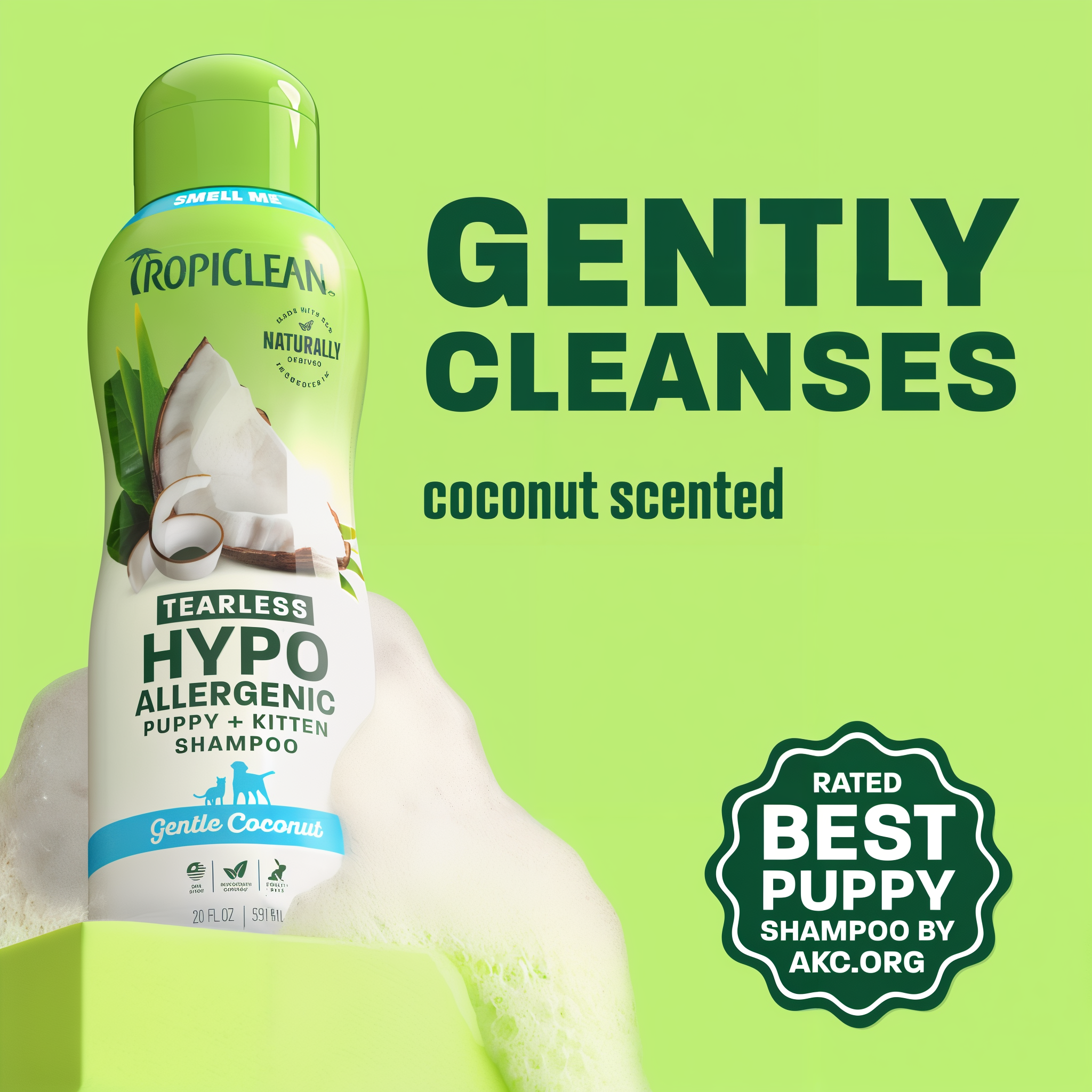 TropiClean hypoallergenic shampoo bottle on light green background.