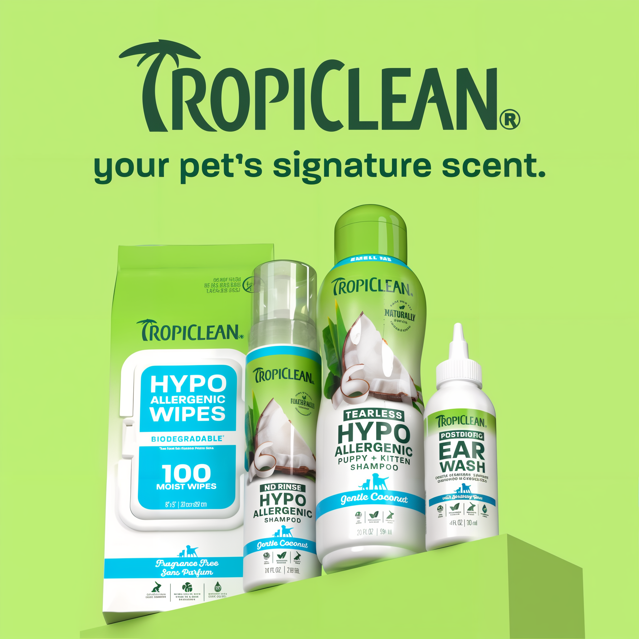 TropiClean hypo line up on light green background.