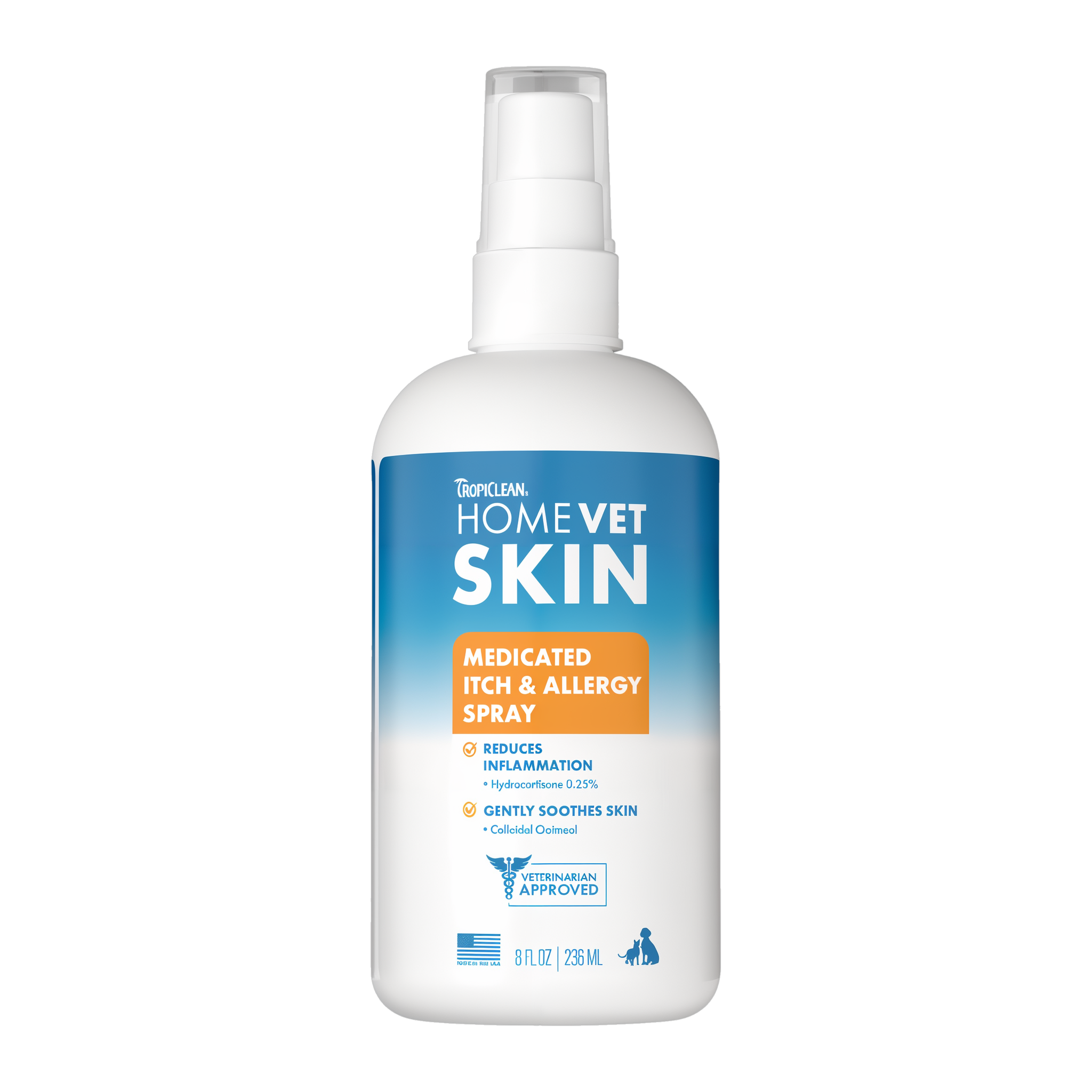 White spray bottle with blue and orange label reading "TropiClean HomeVet Skin Medicated Itch & Allergy Spray," 8 fl oz.