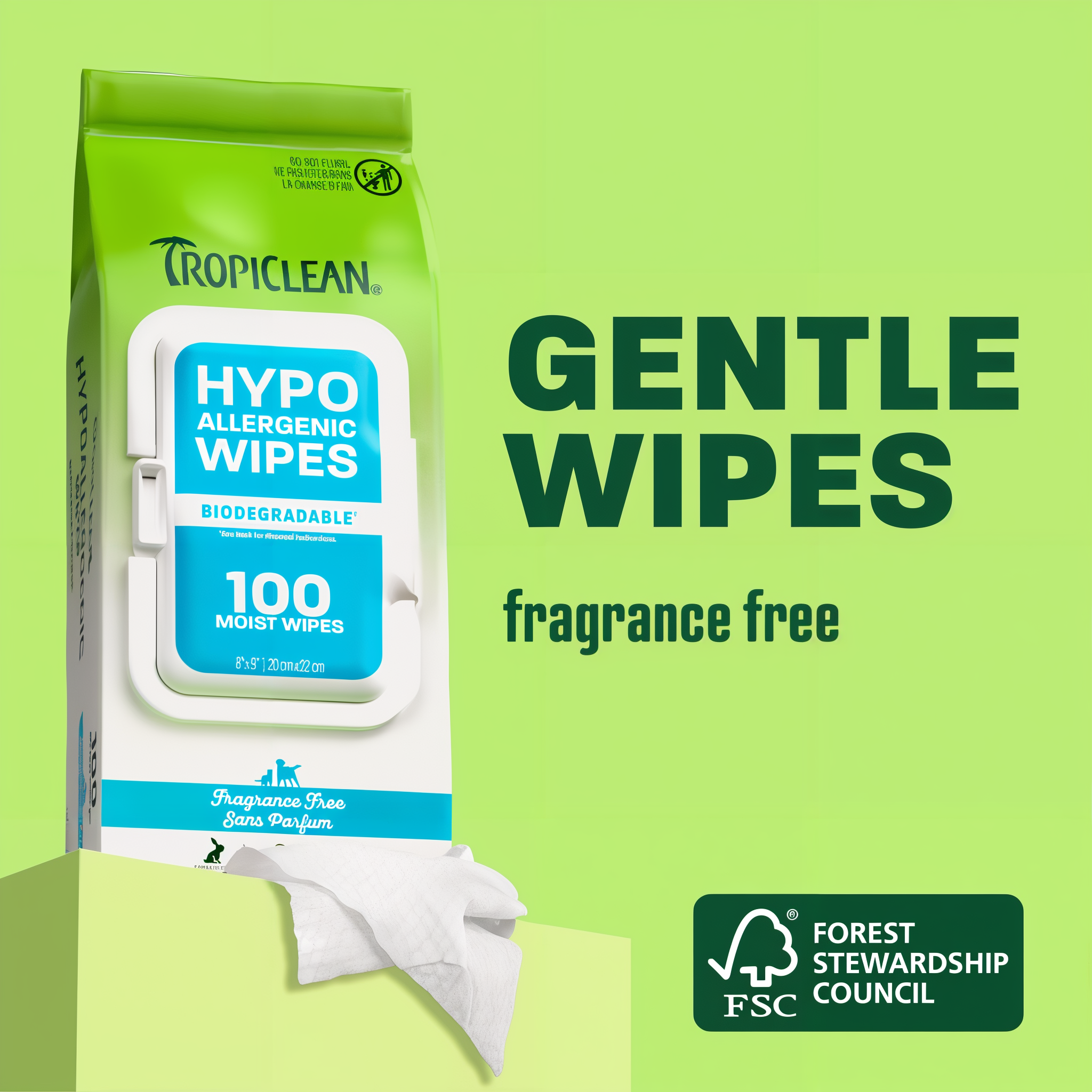 TropiClean hypoallergenic wipes pack on green background