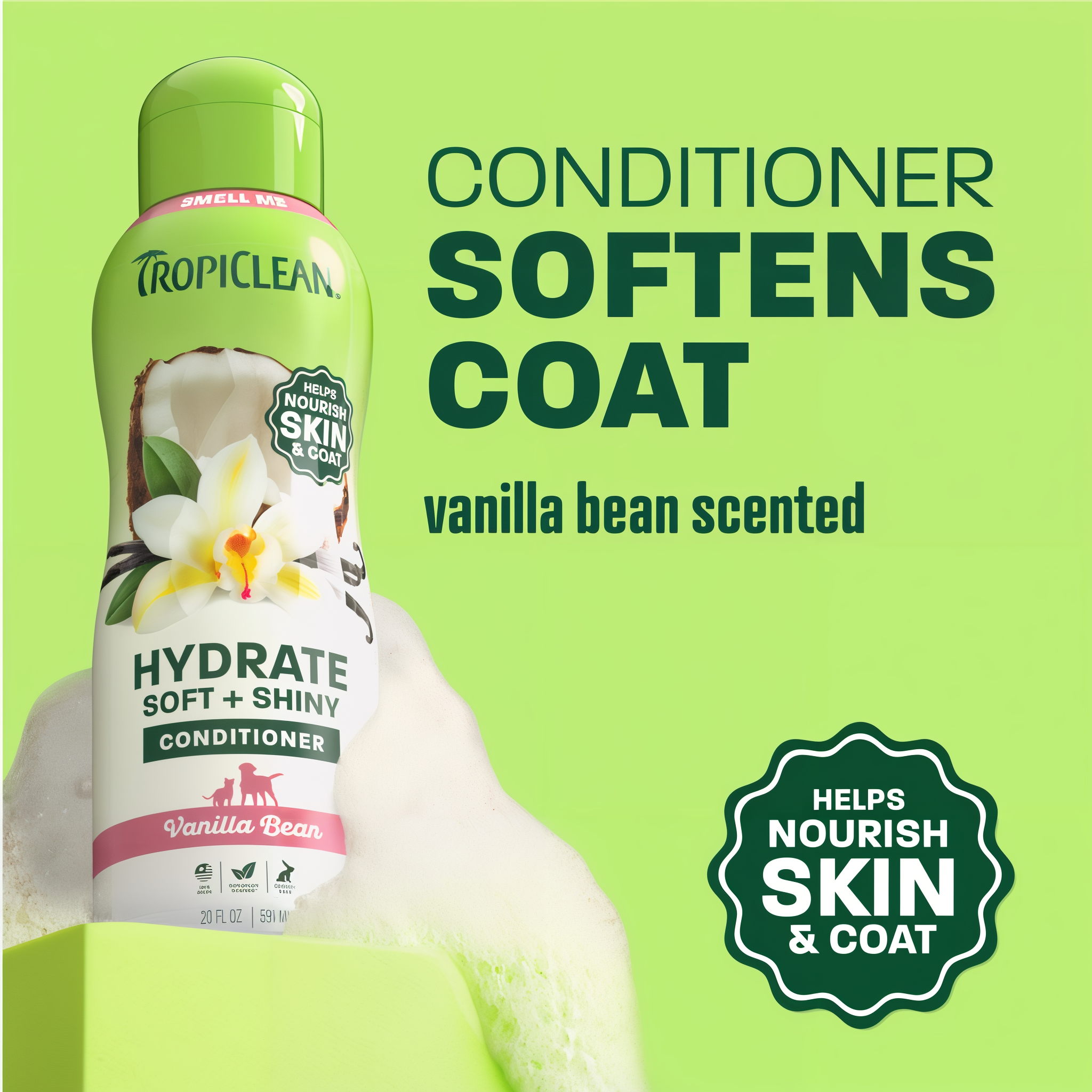 TropiClean vanilla conditioner bottle on light green background.