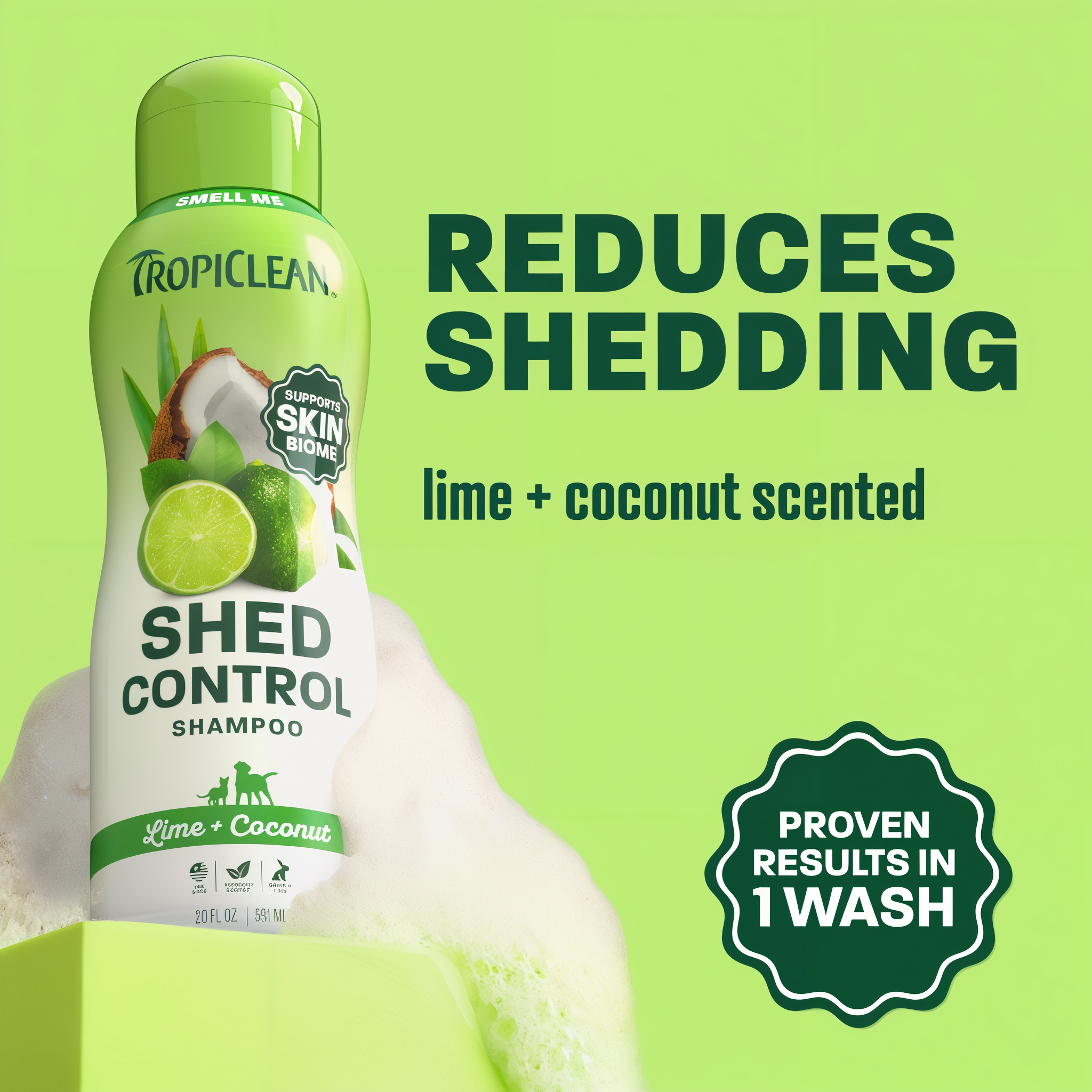 TropiClean shed shampoo bottle on light green background.
