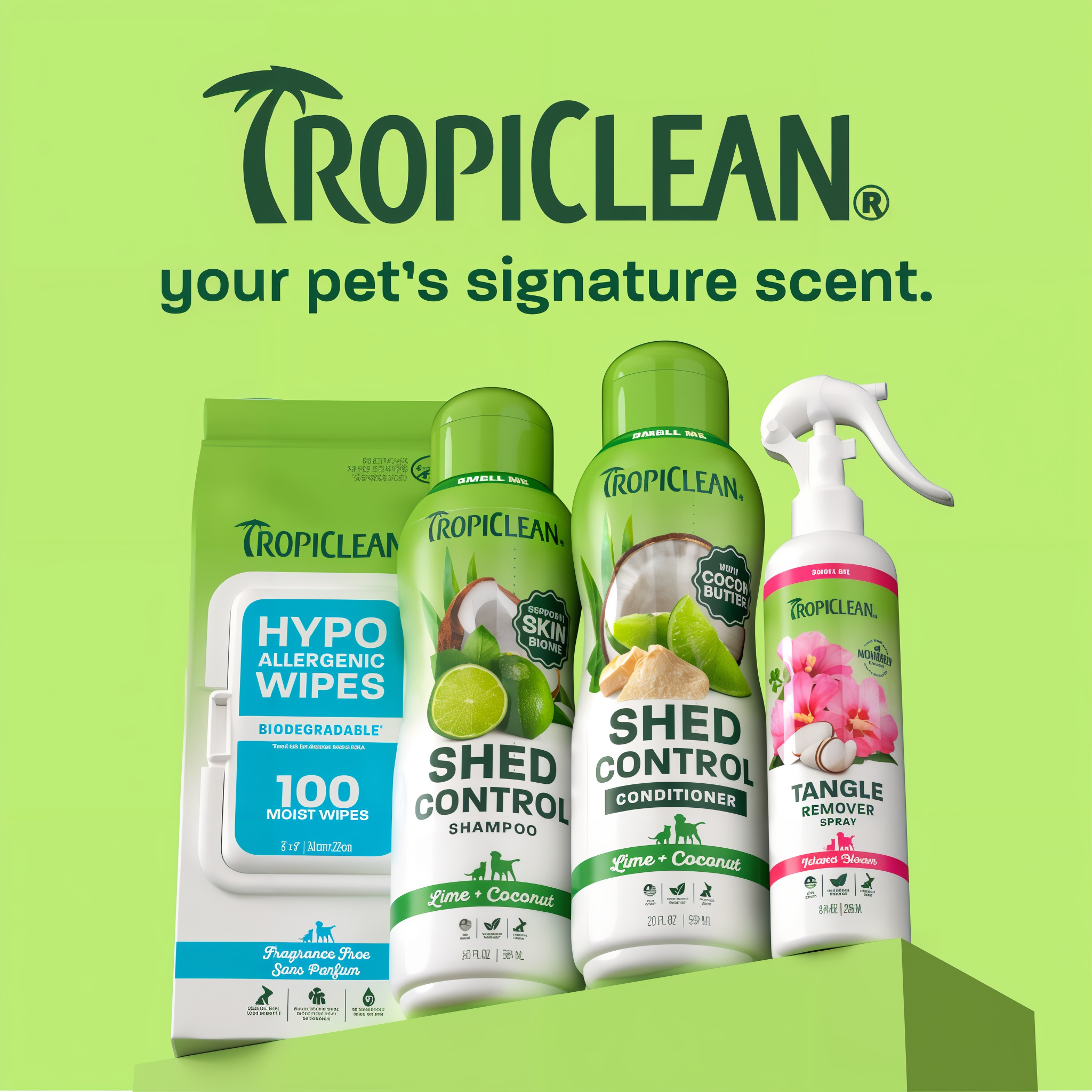 TropiClean line up on light green background.