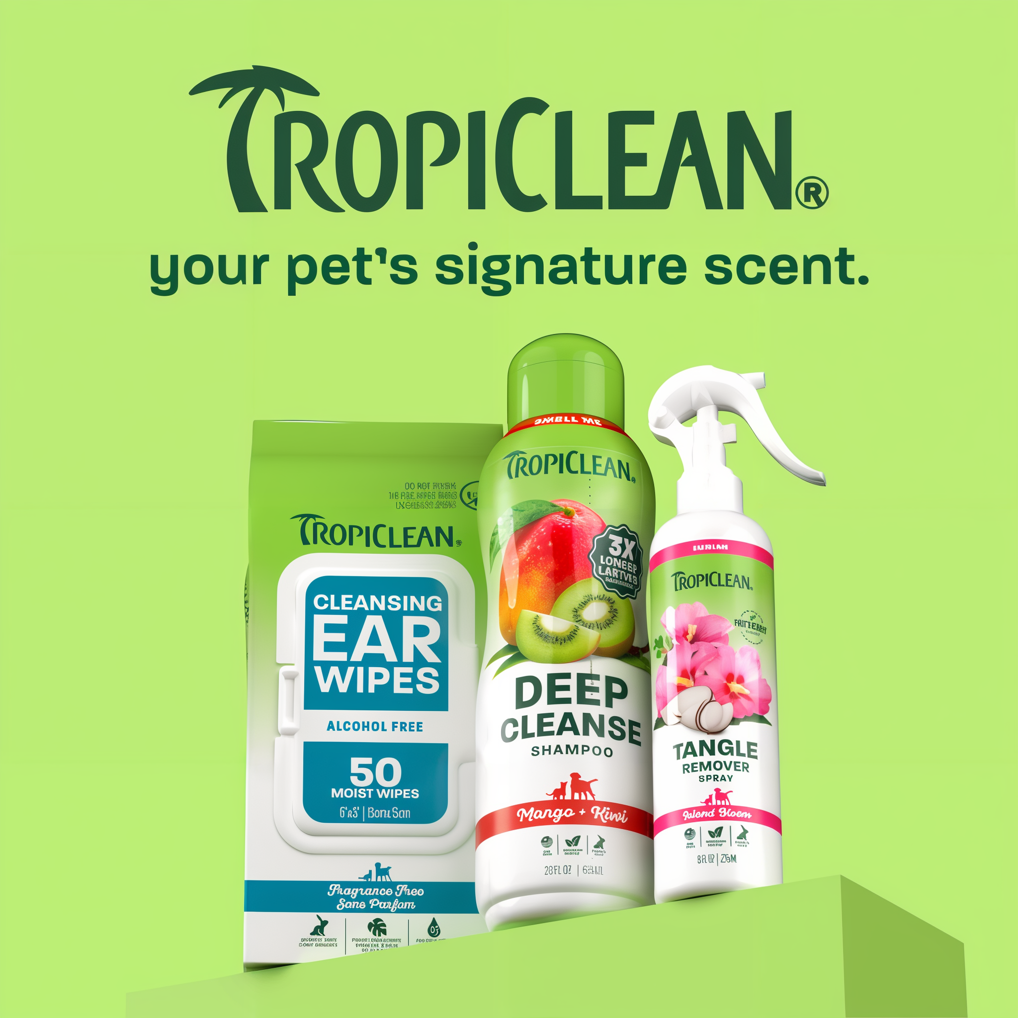 TropiClean line up on light green background.