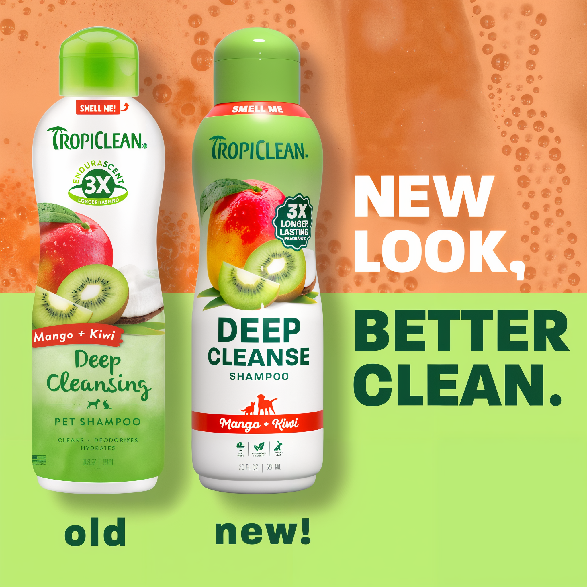Two bottles of Tropiclean Deep Cleanse Shampoo with a 'New Look, Better Clean' text on an orange and green background.