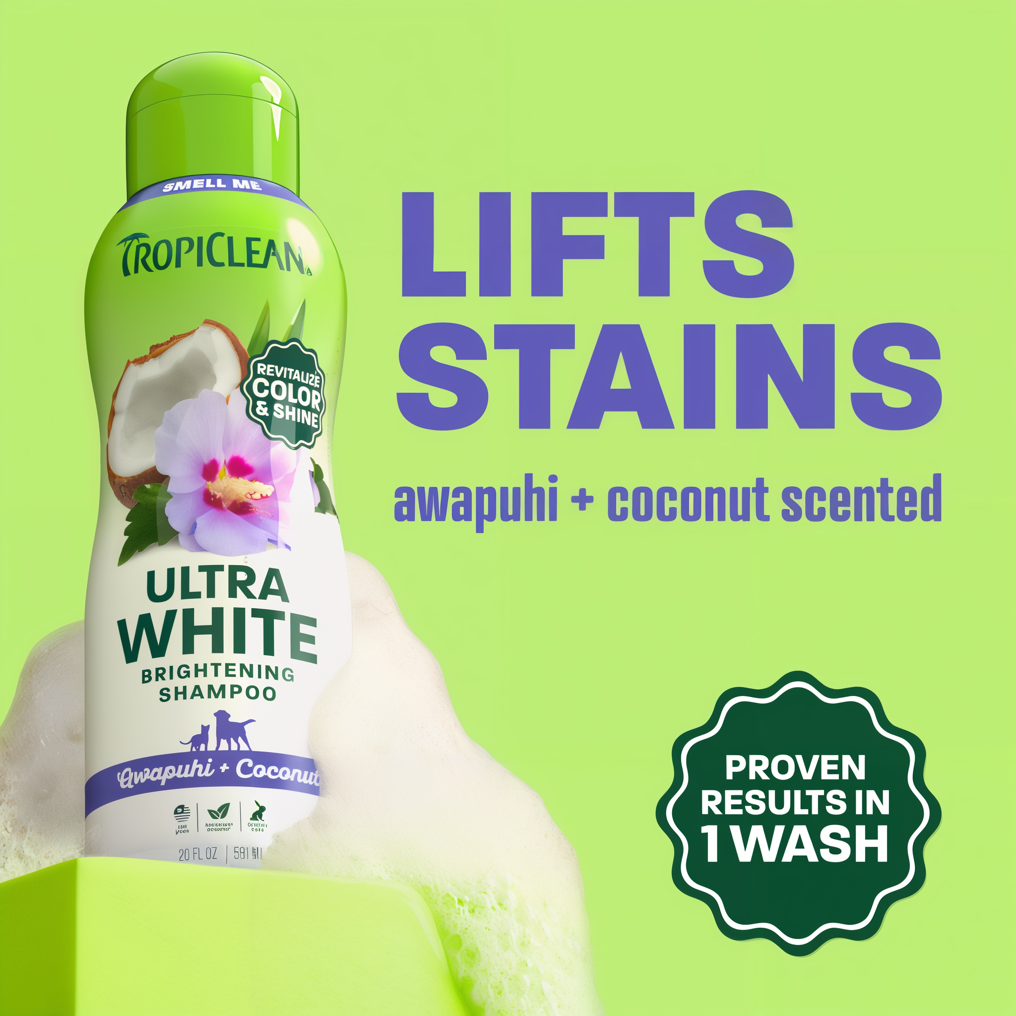 Tropiclean Ultra White Brightening shampoo on a light green background